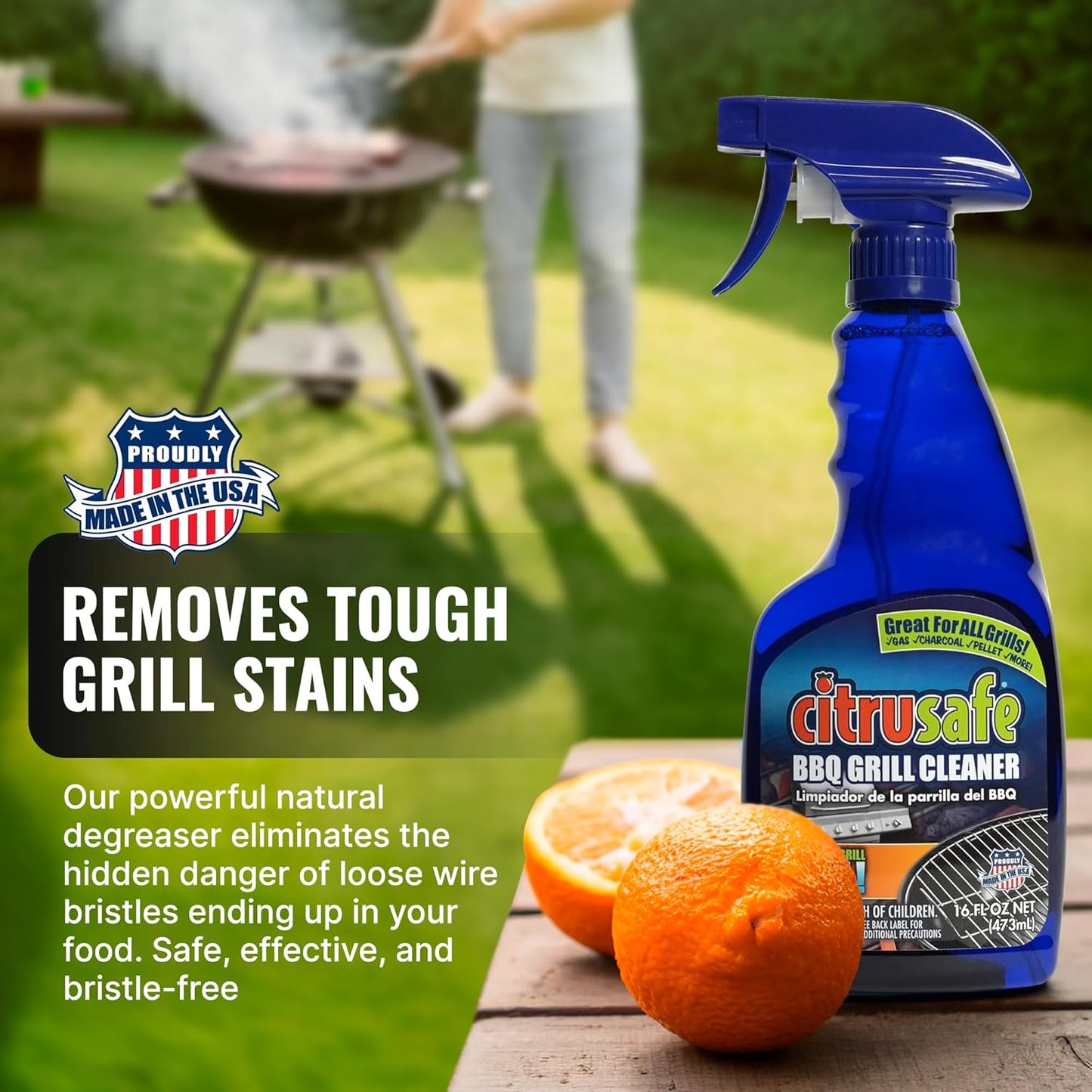 Citrusafe BBQ Grill Cleaner Spray for Outdoor Grill 16 OZ – Safe Heavy Duty Cleaner for Burnt Food & Grease – Degreases & Cleans Grates, Racks, Pellet, Ovens, Flat Top Grills, and Electric Smokers