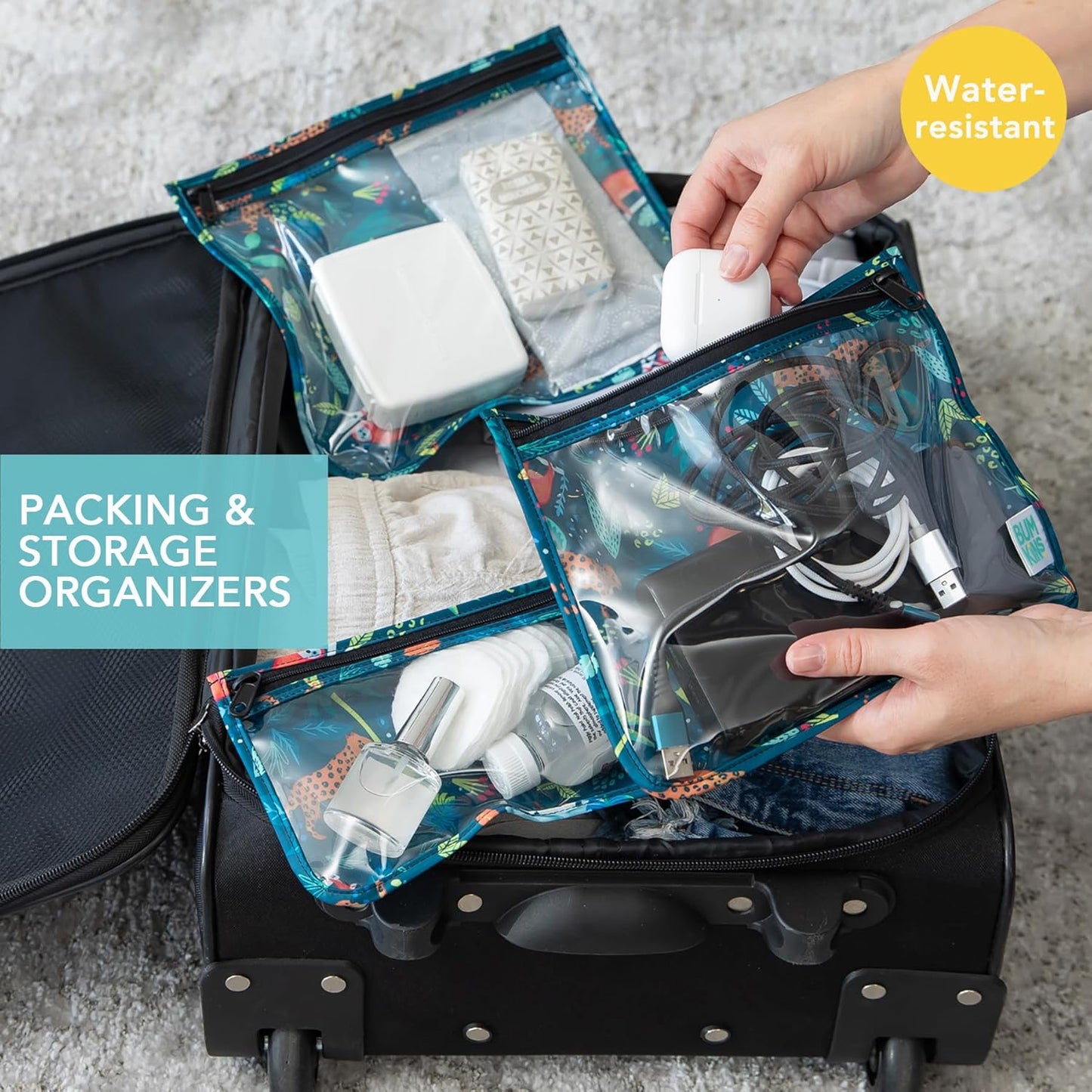 Bumkins Travel Bag, Toiletry, Baby, TSA Approved Pouch, Zip Bag, Quart Size Compliant, Clear-Sided, Diaper Bag Organization, Makeup, Accessories, Set of 3