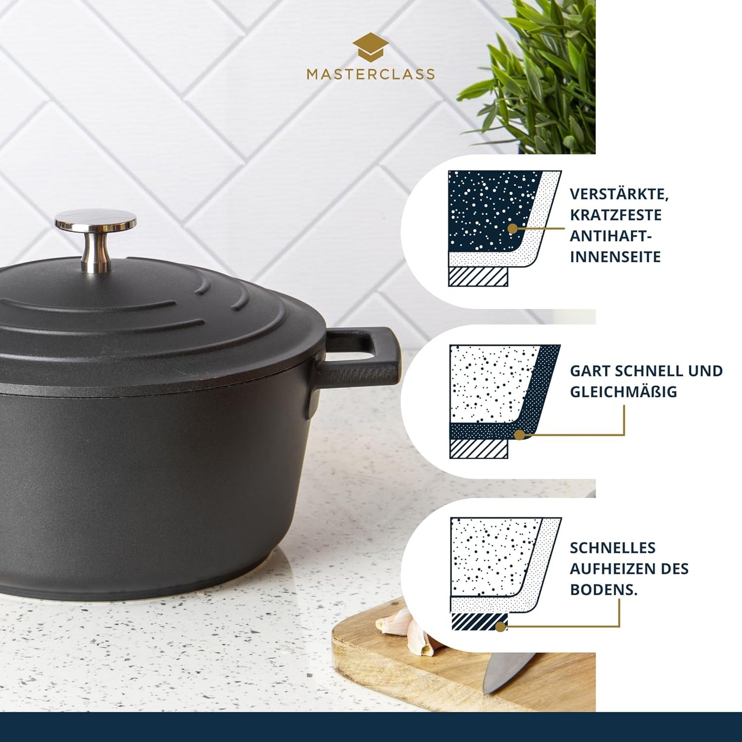 MasterClass Cast Aluminium Casserole Dish with Self-Basting Lid Premium Quality Lightweight Non-Stick Medium Round Blue, Hob to Oven Cooking Pot for Family Meals Curries Dishwasher Safe, 20cm, 2.5L