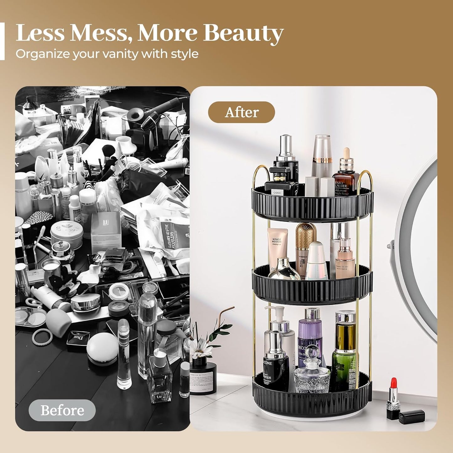 Aveniee 360 Rotating Makeup Organizer for Vanity, Large Spinning Bathroom Counter Organizer Shelf Holder for Cosmetics, Skin Care, Lipsticks,3 Tiers, Black