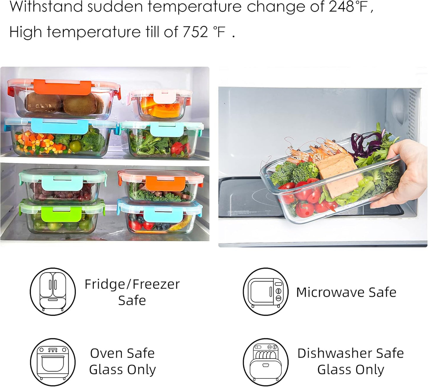 10 Pack Glass Food Storage Containers, Glass Meal Prep Containers with Lids Leak Proof, Clear Glass Bento Boxes for Adults, Microwave & Freezer Safe (34oz & 12oz)