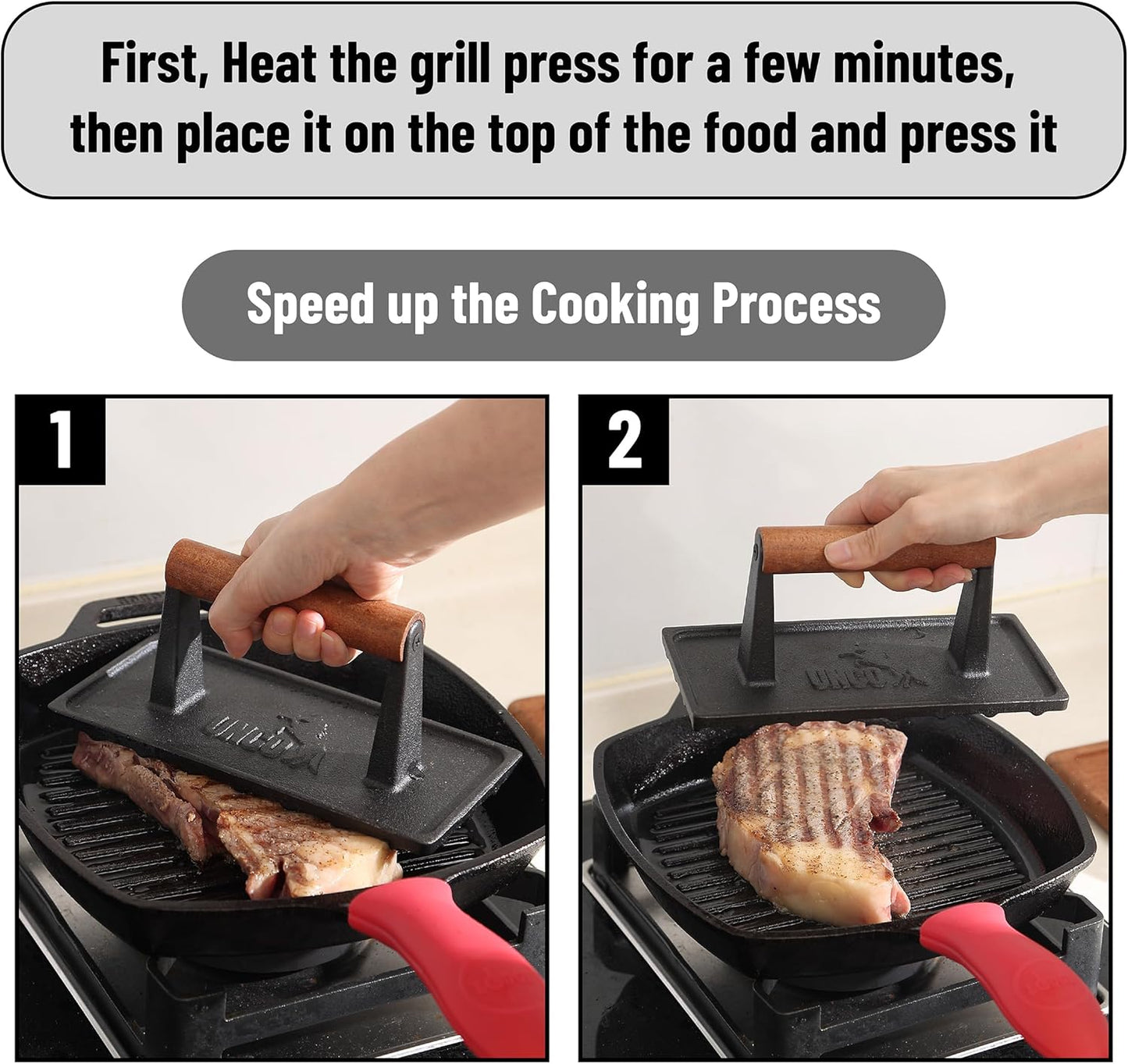 UNCO Cast Iron Grill Press: 6.9' Round & 8.3' x 4.3' Rectangular - Burger & Meat Press, Ideal for Griddles