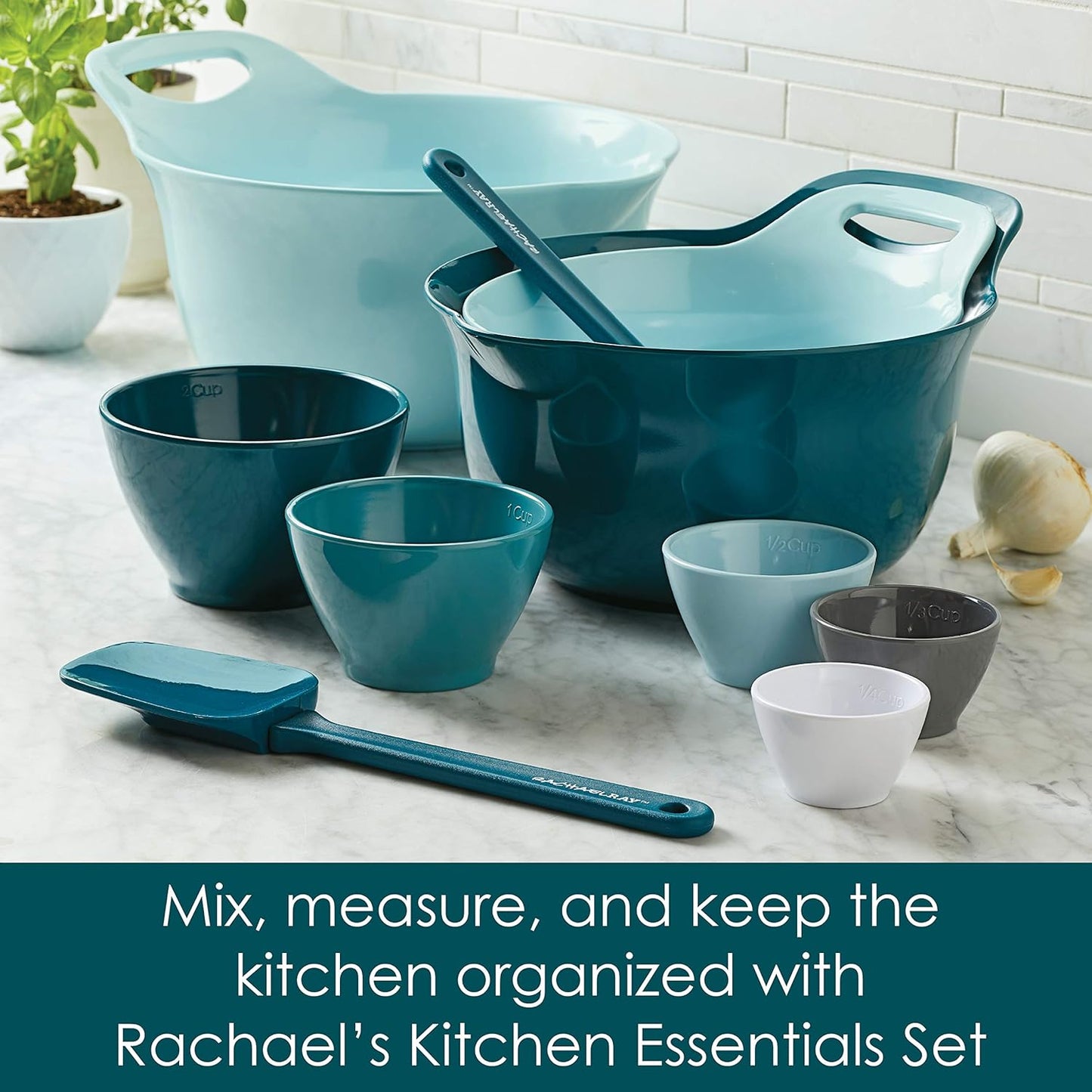 Rachael Ray Tools and Gadgets Mix and Measure Cooking / Baking Prep Set with Mixing Bowls, Measuring Cups, and Tools - 10 Piece, Light Blue and Teal