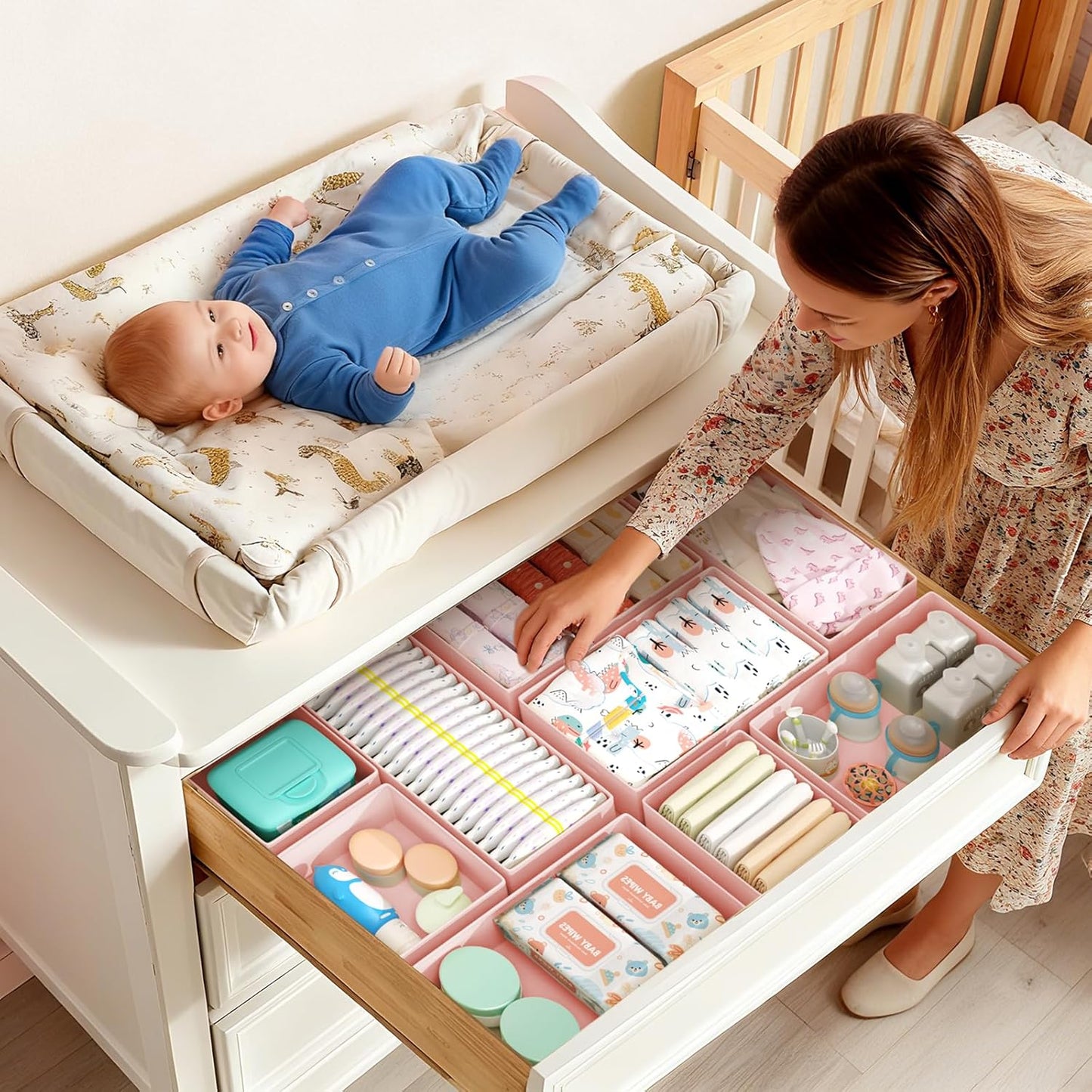 DIMJ Drawer Organizers Clothes, Set of 16 Dresser Organizer Bins, Fabric Closet Organizers and Storage, Shallow Drawer Dividers for Nursery, Clothing, Baby Clothes, Socks, Underwears, Tie (Pink)