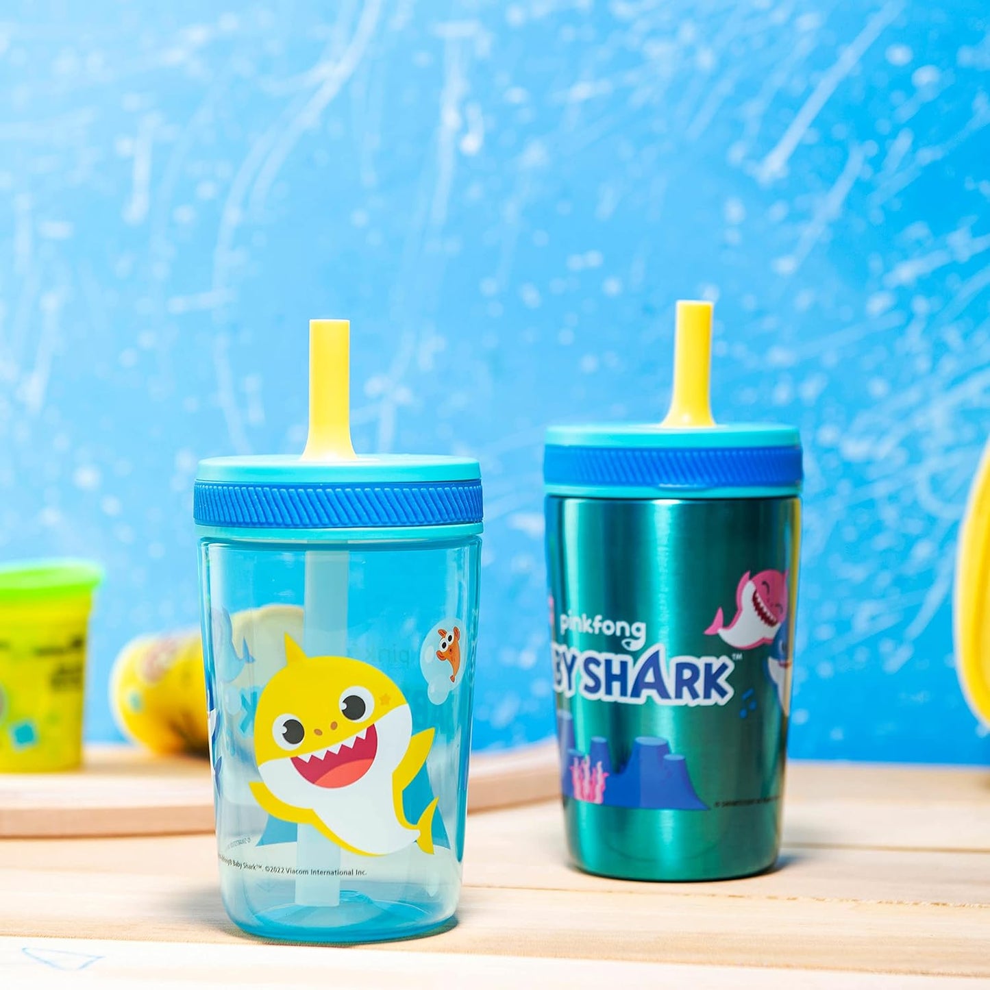 Zak Designs Baby Shark Kelso Tumbler Set, Leak-Proof Screw-On Lid with Straw, Bundle for Kids Includes Plastic and Stainless Steel Cups with Bonus Sipper (3pc Set, Non-BPA)