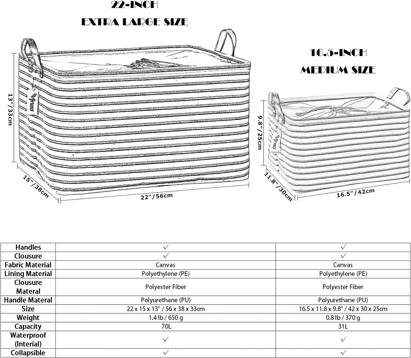 Hinwo 31L Large Storage Bins, Closet Organizers and Storage, Shelf Baskets, Foldable Clothes Storage Baskets with Handles, Containers for Clothing, Blanket, Towels, Toys, Bedding (Gray Stripe)