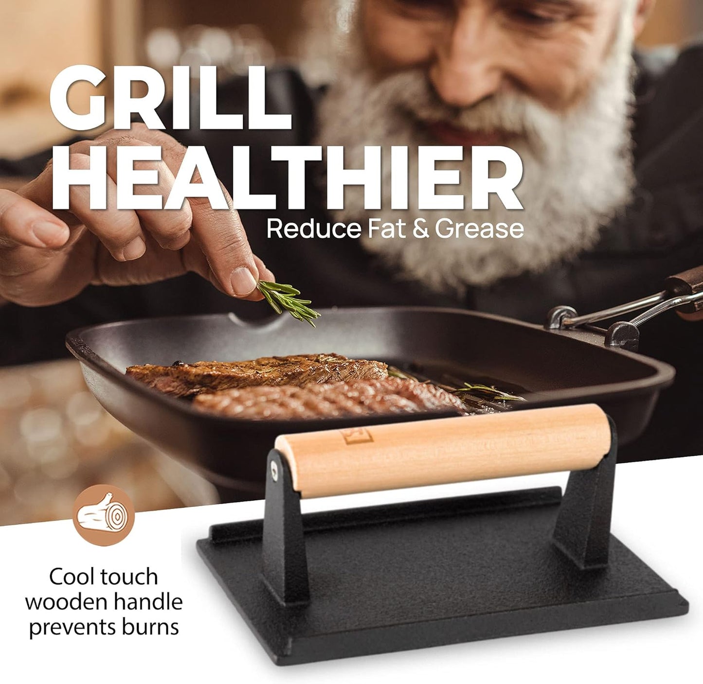 Cast Iron Grill Press (Set of 2) - 8 x 4 Inch, 2.6 lb Griddle Press with Cool-Touch Wood Handle - Pre-seasoned for Steak, Burgers, Sandwiches, and Paninis – Non-Stick Grill Weight