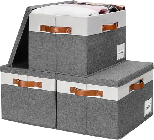 GhvyenntteS Extra Large Storage Bins with Lids, Foldable Fabric Storage Boxes with Lids and Handles, Storage Baskets with Lid and Label for Home Office (3 Pack, Grey, 15.75" x 11.8" x 10.2")