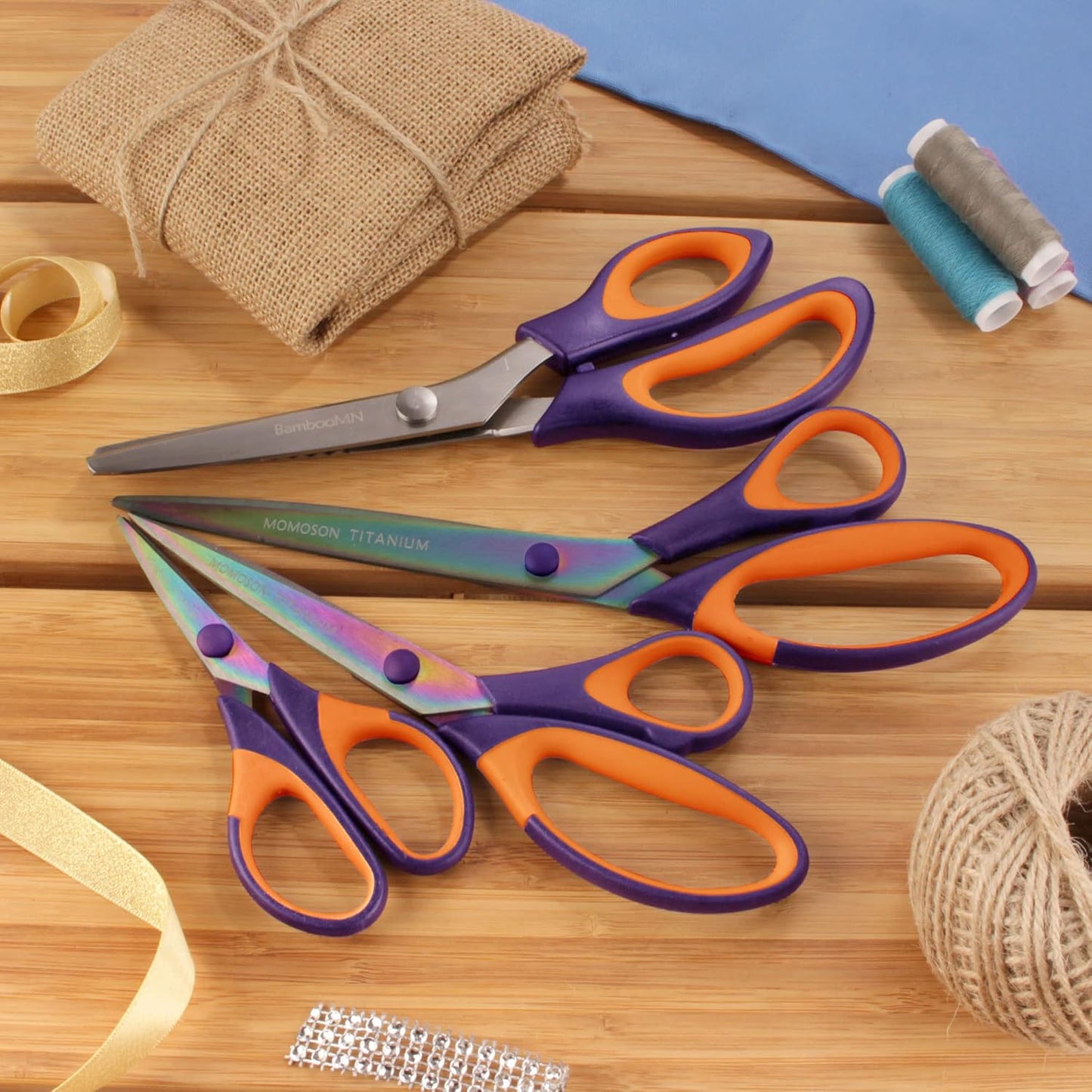 BambooMN Titanium Softgrip Scissors Set - Pinking, Sewing, Arts, Crafts, Office - 3 Sets of 4 - Purple w/Orange