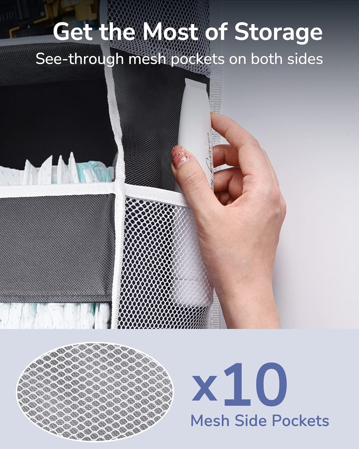 ULG 1 Pack Over Door Organizer with 5 Large Pockets 10 Mesh Side Pockets, 44 lbs Weight Capacity Hanging Storage Organizer with Clear Window Kids Toys, Shoes, Diapers, Dark Grey, 5 Layers