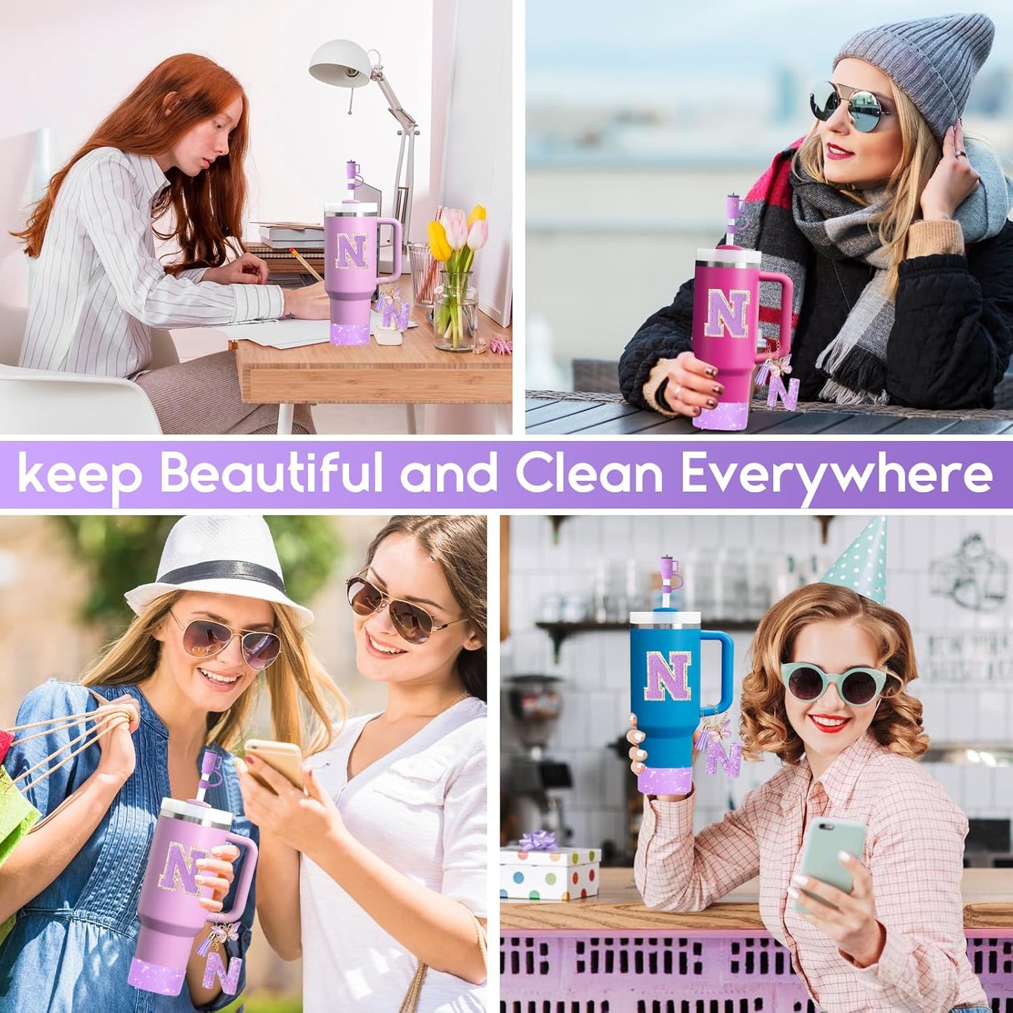 Mity rain 6PCS Cup Accessories Set for Stanley Cup 30oz 40oz tumbler with handle, Including Silicone Straw Topper Cover Cap and Boot, Spill Proof Stopper, Handle Charm, Initials Sticker (Letter N)