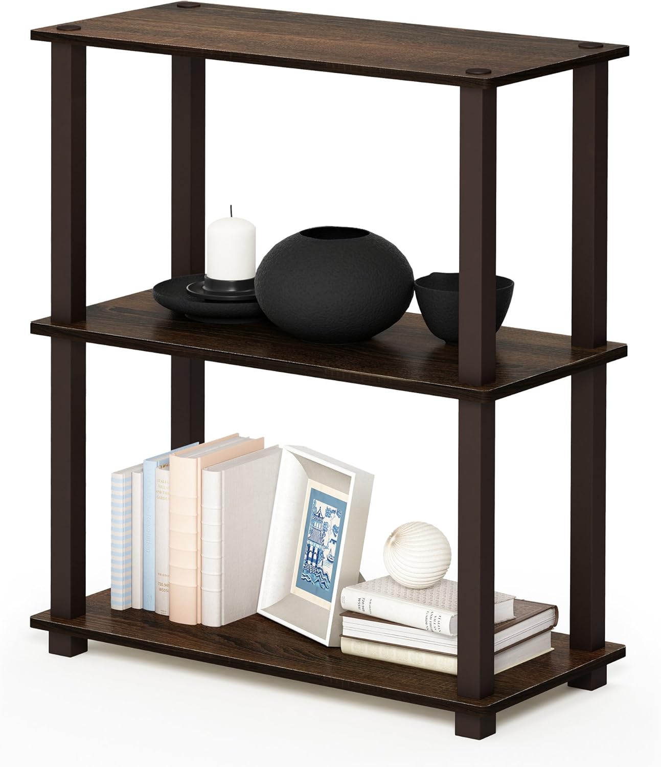 Furinno TURN-S-TUBE Storage Shelves, 3-Tier Book Shelf, Corner Shelf, Toolless Open Shelves, for Organization and Storage, Living Room, Garage, Home Office, Walnut