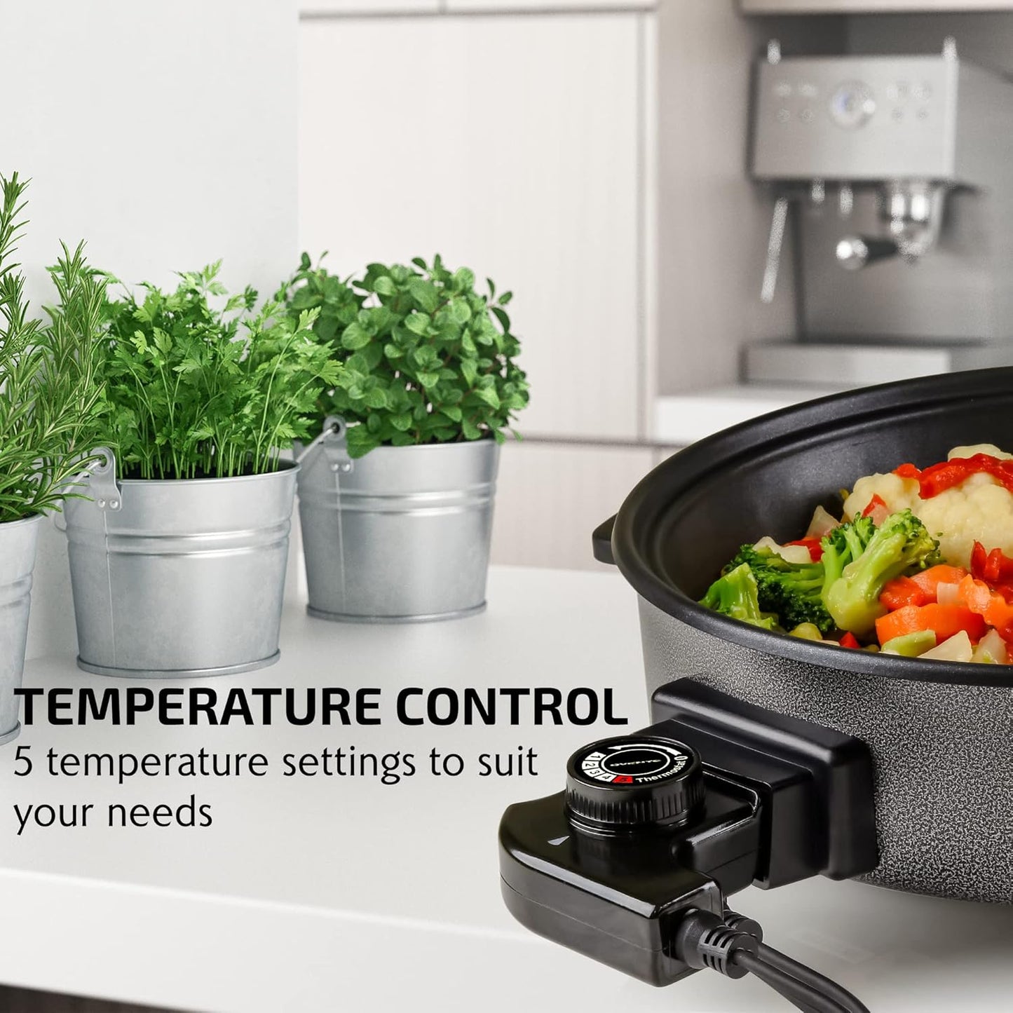 OVENTE 12 Inch Electric Skillet and Frying Pan with Nonstick Coating, 1400W Power, Adjustable Temperature Control, Tempered Glass Lid with Vent and Cool Touch Handles, Black SK11112B