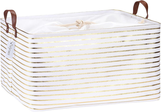 Hinwo 70L Extra Large Storage Bins, Closet Organizers and Storage, Foldable Clothes Storage Baskets with Handles, Containers for Clothing, Blanket, Comforters, Toys, Bedding (Gold Stripe)