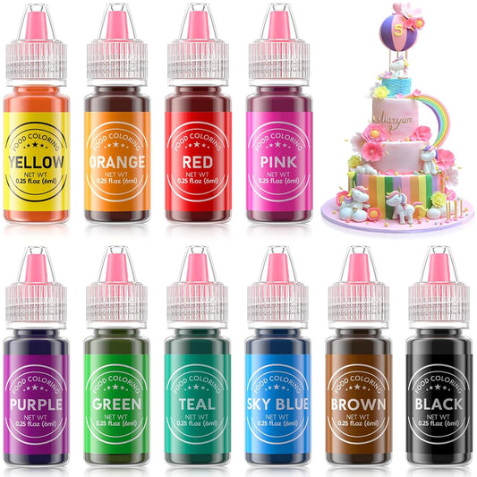 Food Coloring Liquid 10 Colors for Baking,Cherrysea Food Grade Cake Food Coloring Set for Halloween,Fondant,Cookies,Icing,Easter Egg Dessert Decorating Making DIY Supplies Kit- 0.25 Fl. oz (6