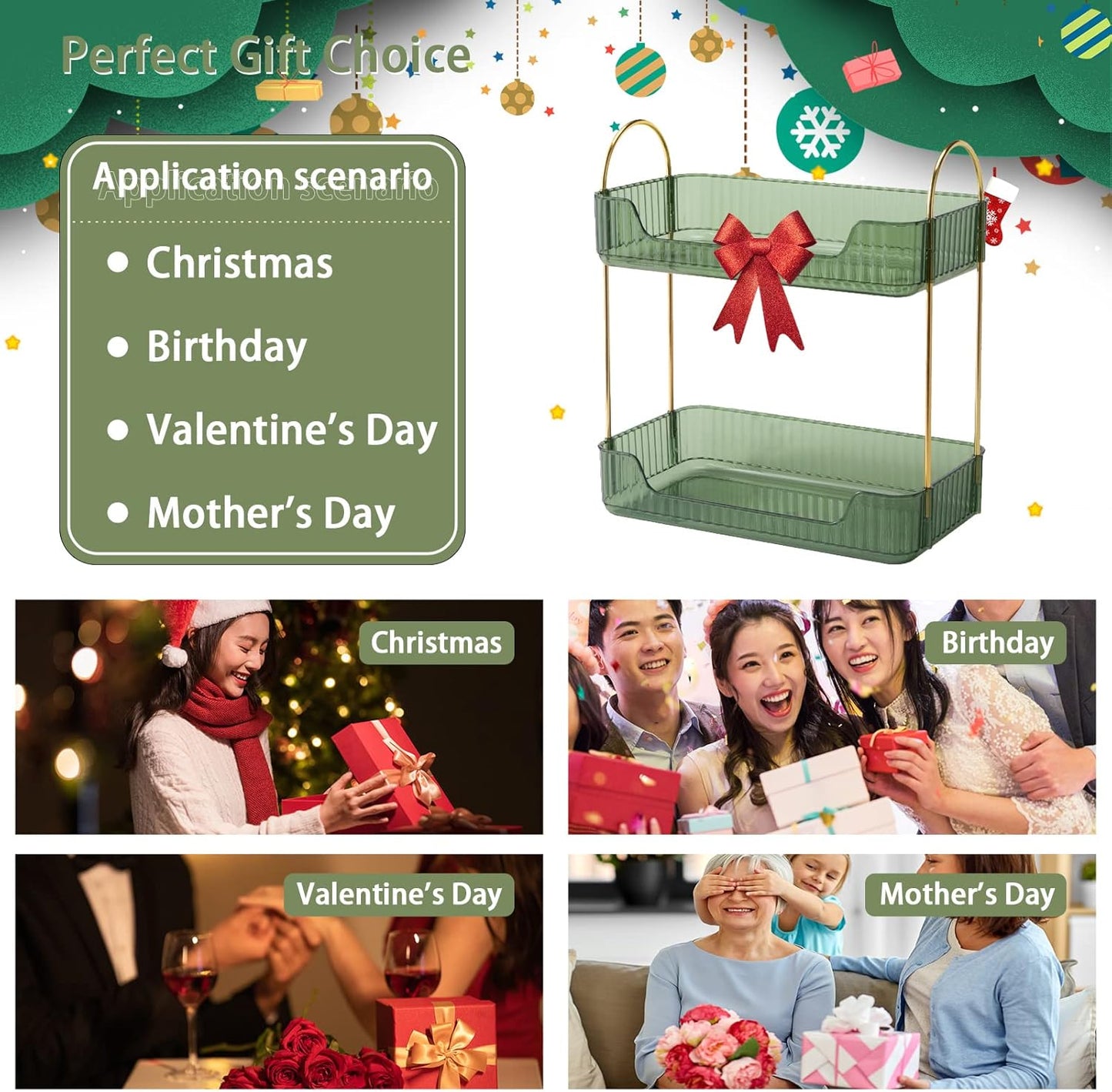 Bathroom Counter Organizer Countertop Storage, Cosmetics Skincare Shelf, Makeup Organizer Perfume for Dresser Vanity Tray, Spice Rack for Kitchen(2 Tier-Green)