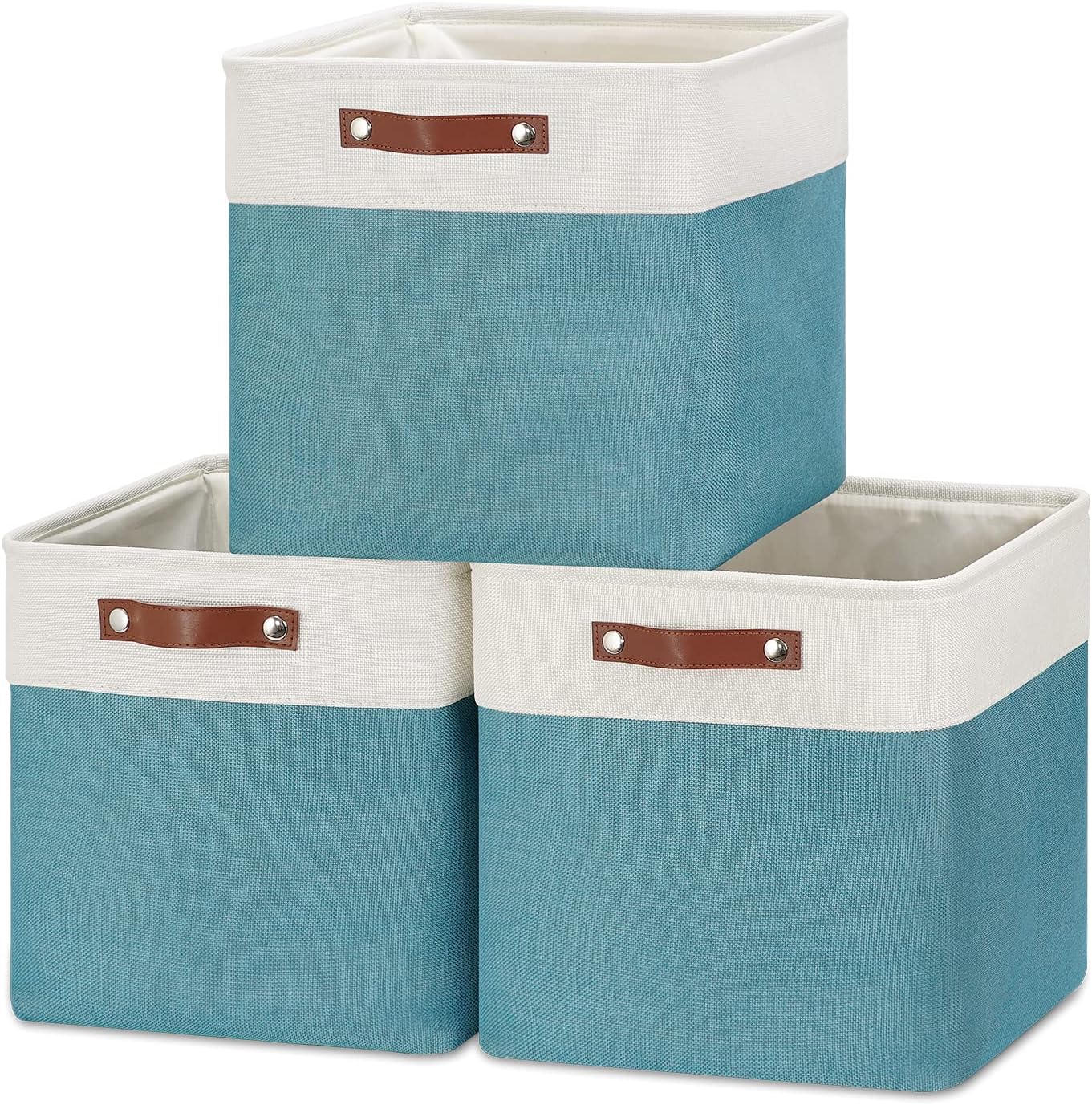HNZIGE Foldable Storage Cubes & Baskets (3 Pack) - 13 Inch Storage Bin with Leather Handles for Toys, Clothes, Kids, Closet (White & Teal)