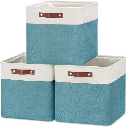HNZIGE Foldable Storage Cubes & Baskets (3 Pack) - 13 Inch Storage Bin with Leather Handles for Toys, Clothes, Kids, Closet (White & Teal)