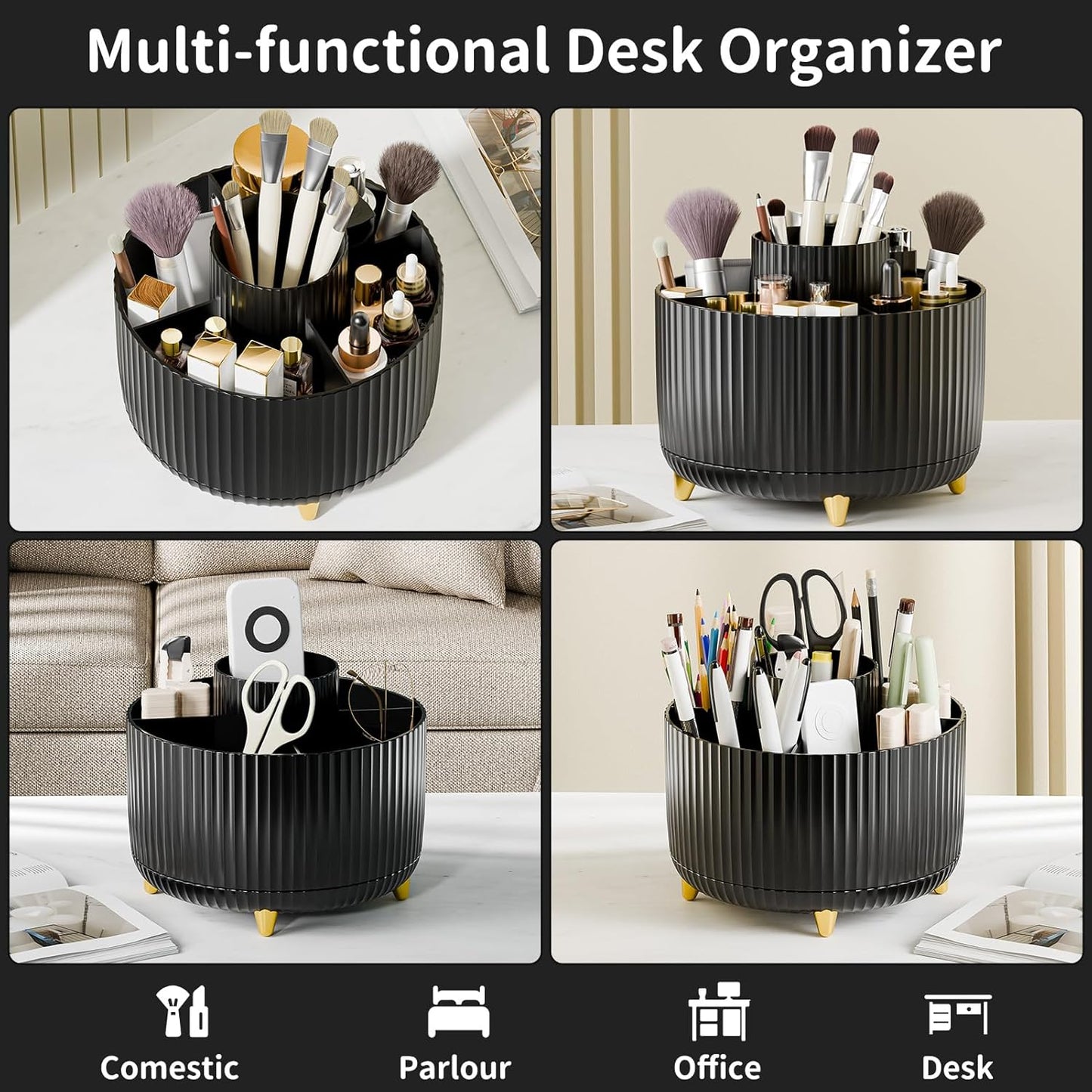 360° Rotate Makeup Brush Holder Organizer, Makeup Organizers Countertop, Makeup organization and Skincare Storage with Gift Box Packing for Vanity, Desktop, Bathroom (Black)
