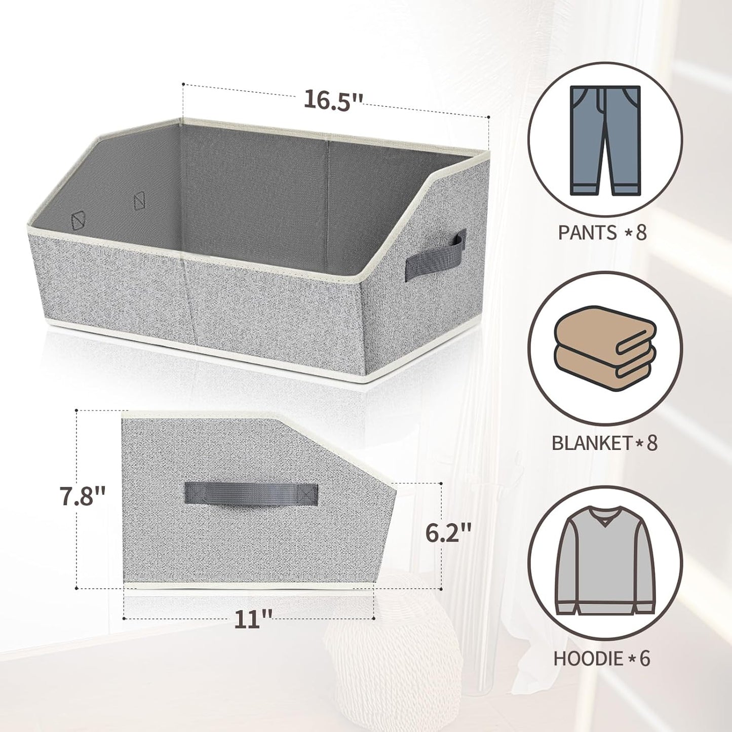 Closet Baskets for Shelves Trapezoid - Decorative Storage Baskets with Handle, Closet Bins for Organization, Shelf Storage Bins for Clothes, Books, Home, Office, 10 Pack, Light Gray