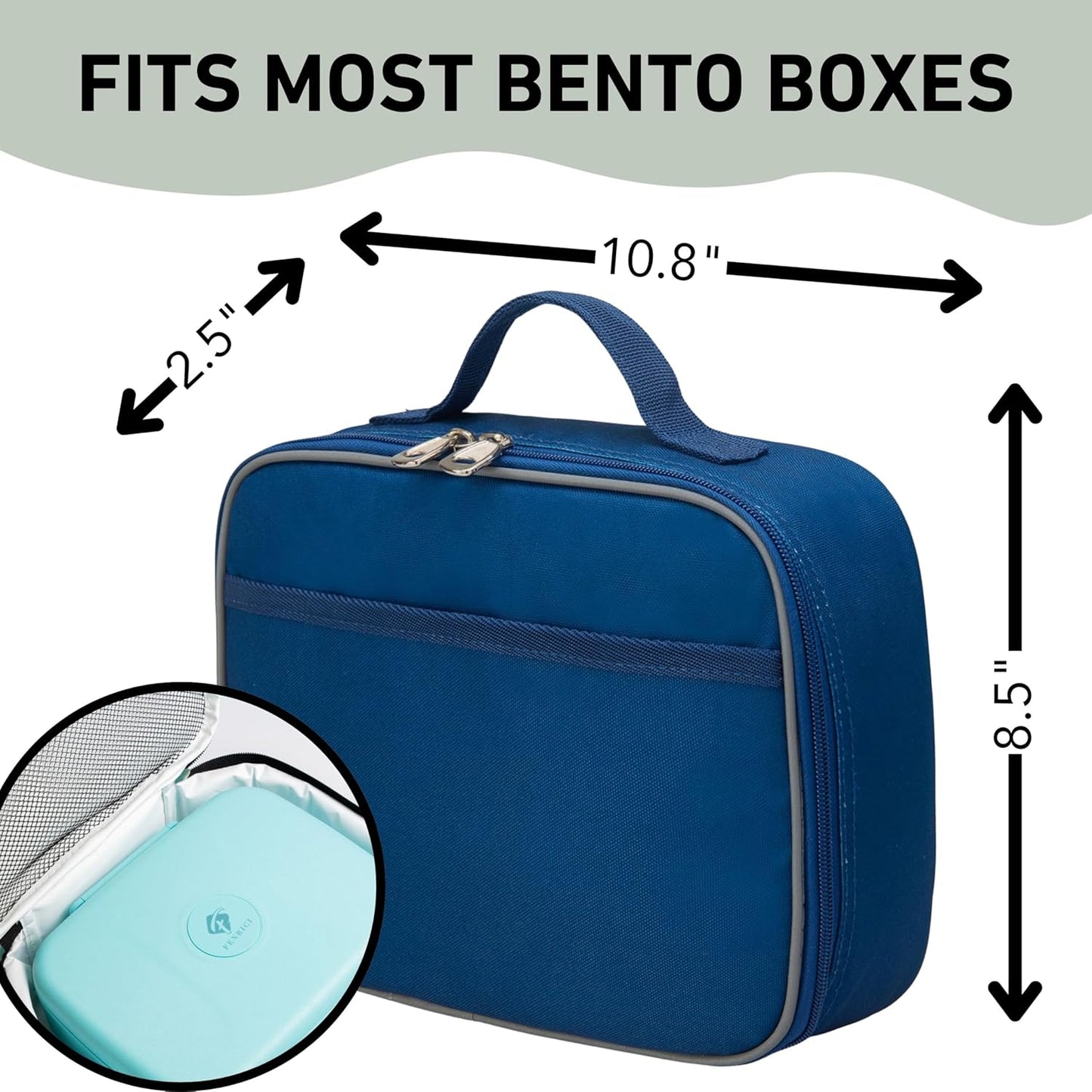 Fenrici Blue Lunch Box for Boys, Girls, Kids Insulated Lunch Bag for School, Soft Sided Compartments, Spacious, BPA Free, Food Safe,10.8in x 8.5in x 2.8in, Navy Blue