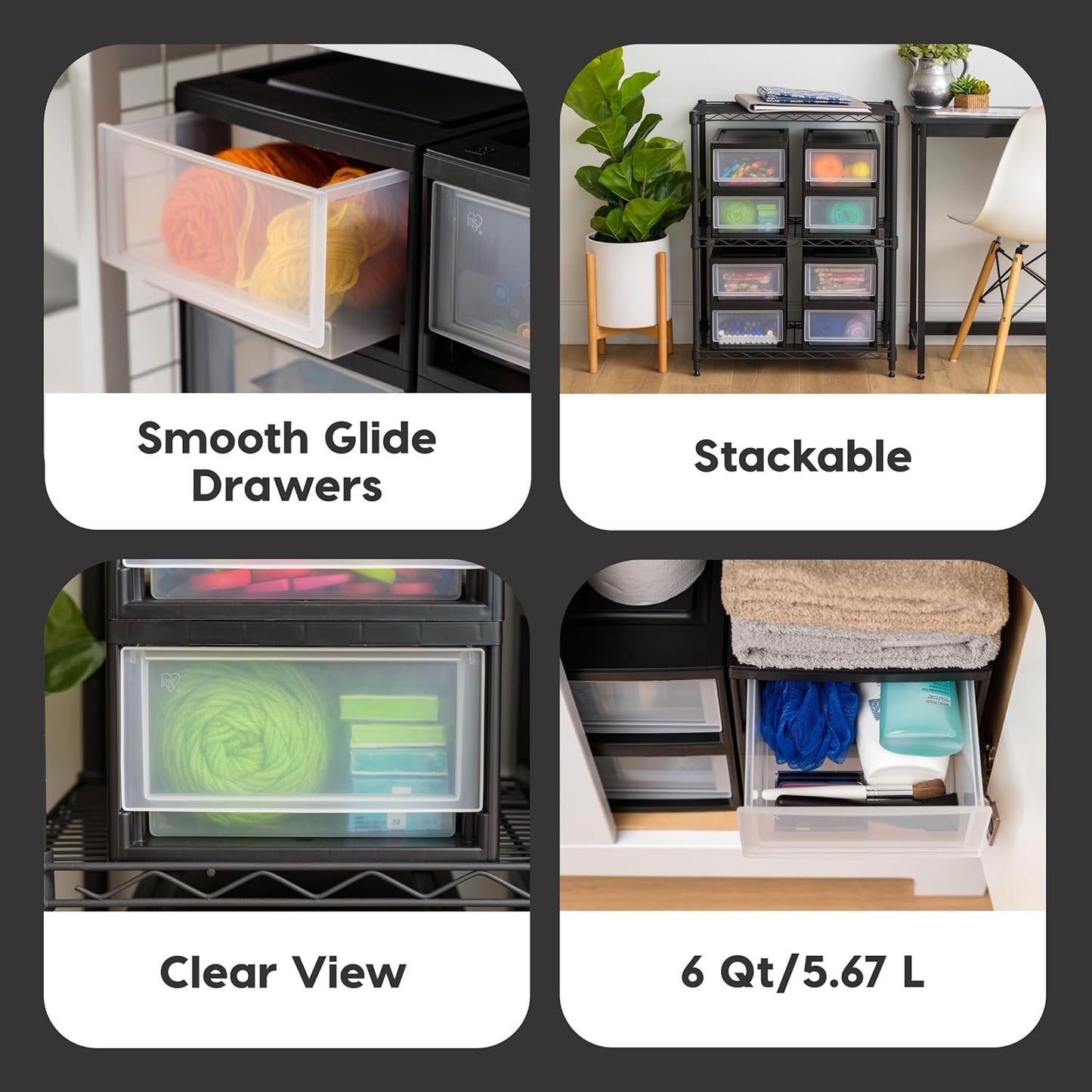 IRIS USA 6 Qt. Plastic Drawer Storage Organizer Stacking Drawers, 2-Pack, Stackable Unit with Sliding Drawer for Bedroom Kitchen Under Sink Pantry Craft Room Bathroom Dorm Office, Black