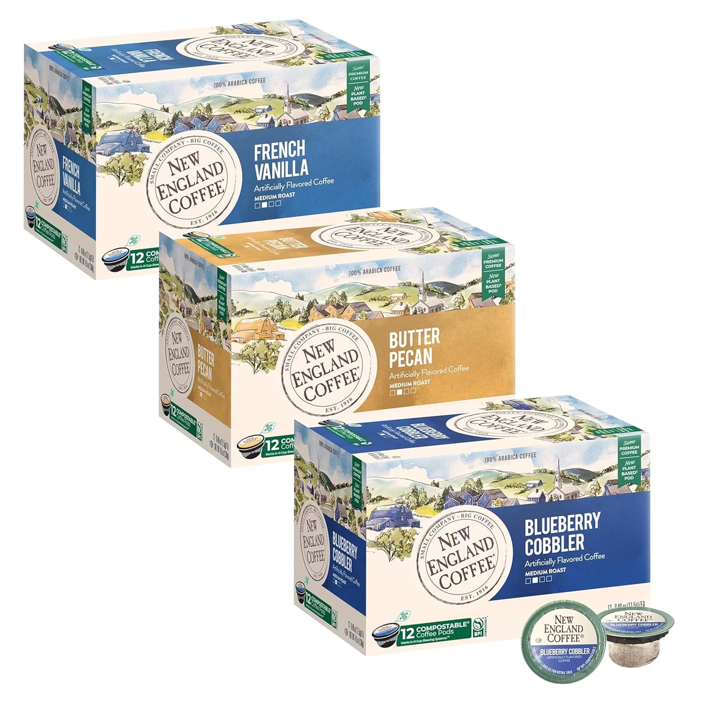 New England Coffee Variety Pack Single Serve Pods - Blueberry Cobbler/French Vanilla/Butter Pecan, 12ct Box (Pack of 3)