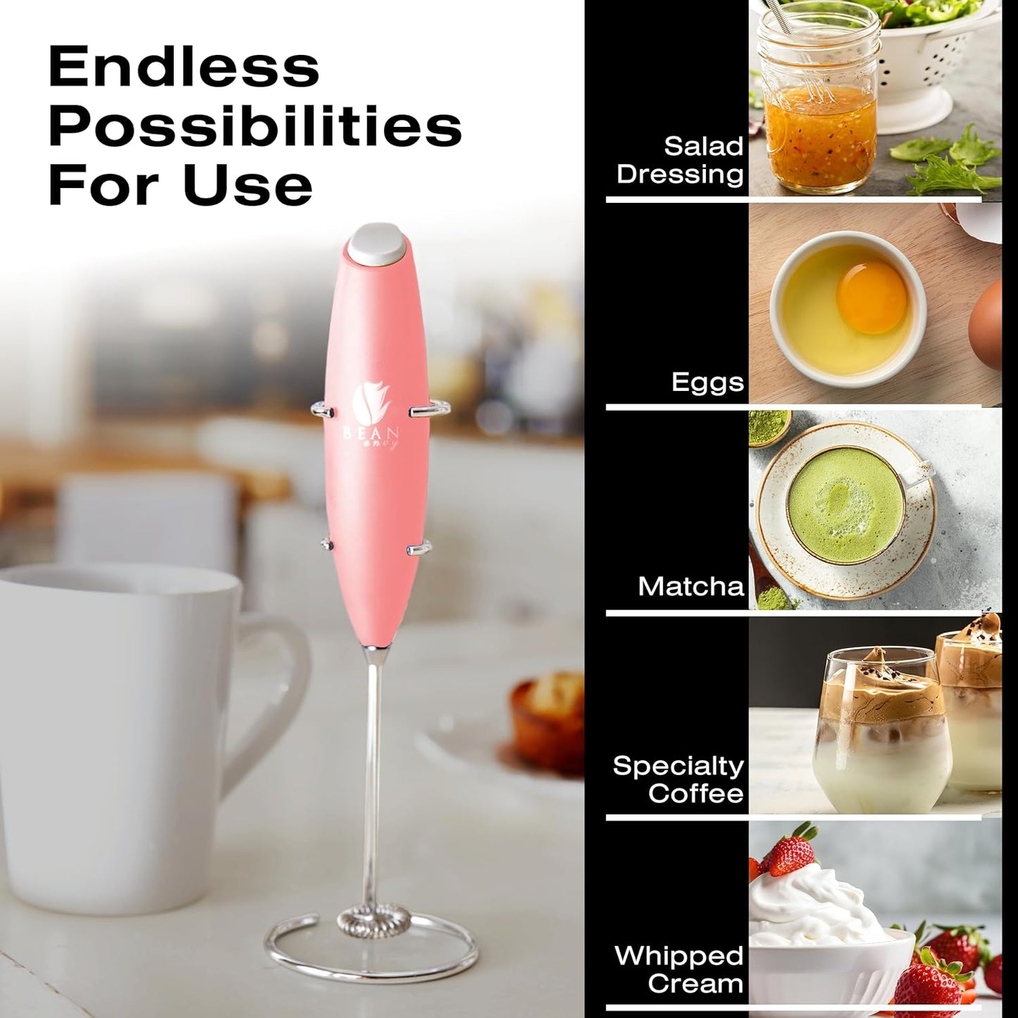 Bean Envy Milk Frother, Coffee Stirrers, Frother Wand, Milk Frother Handheld, Frother with stand, Hand Blender for Coffee, Lattes, Cappuccino, Matcha and Hot Chocolate – Kitchen Gifts - Rose Pink