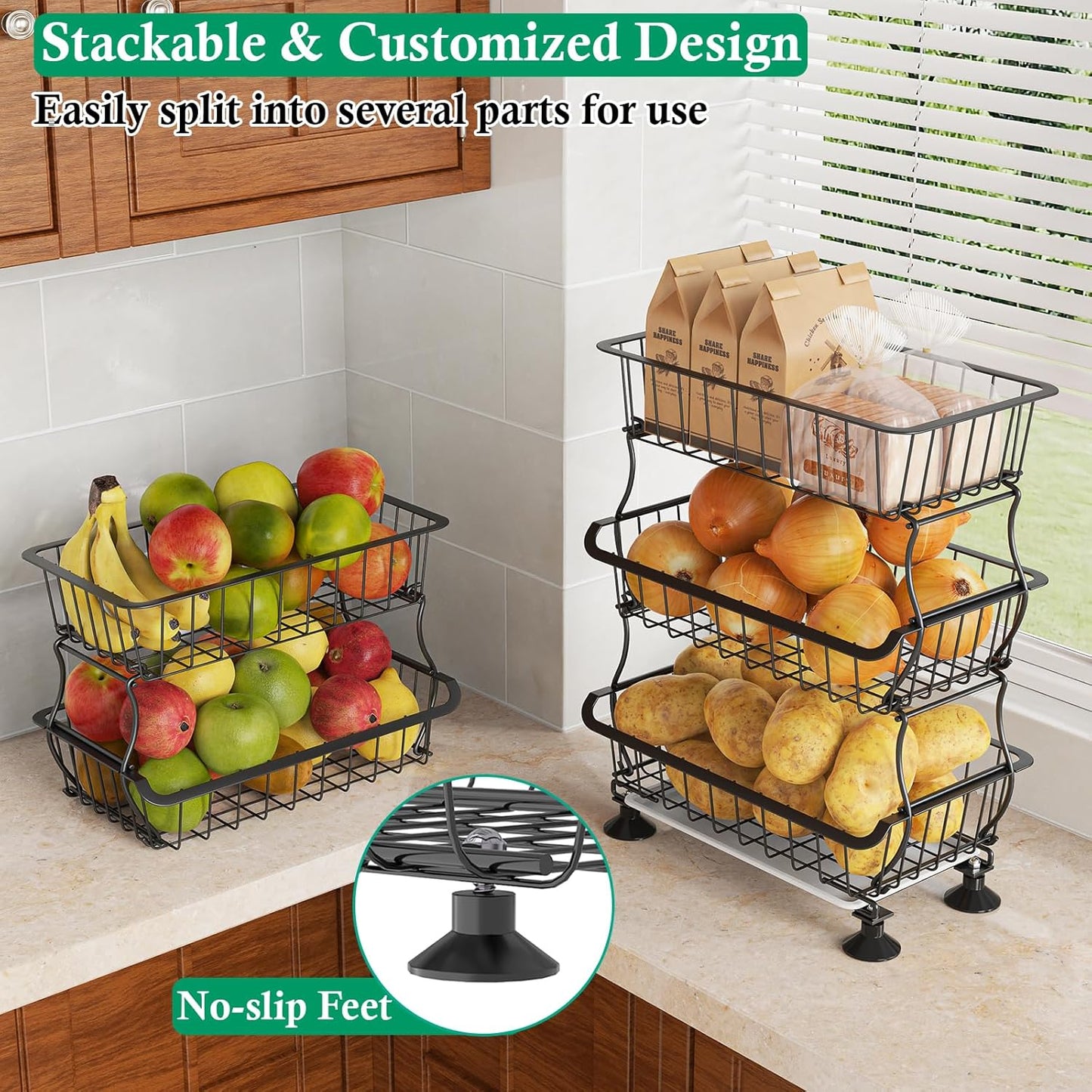 5 Tier Fruit Basket for Kitchen, Stackable Bins Wire Rack with Wheels, Fruit and Vegetable Storage Basket Pantry Food Snack Organizer Shelf, Kitchen Storage Cart for Onion and Potato, Produce
