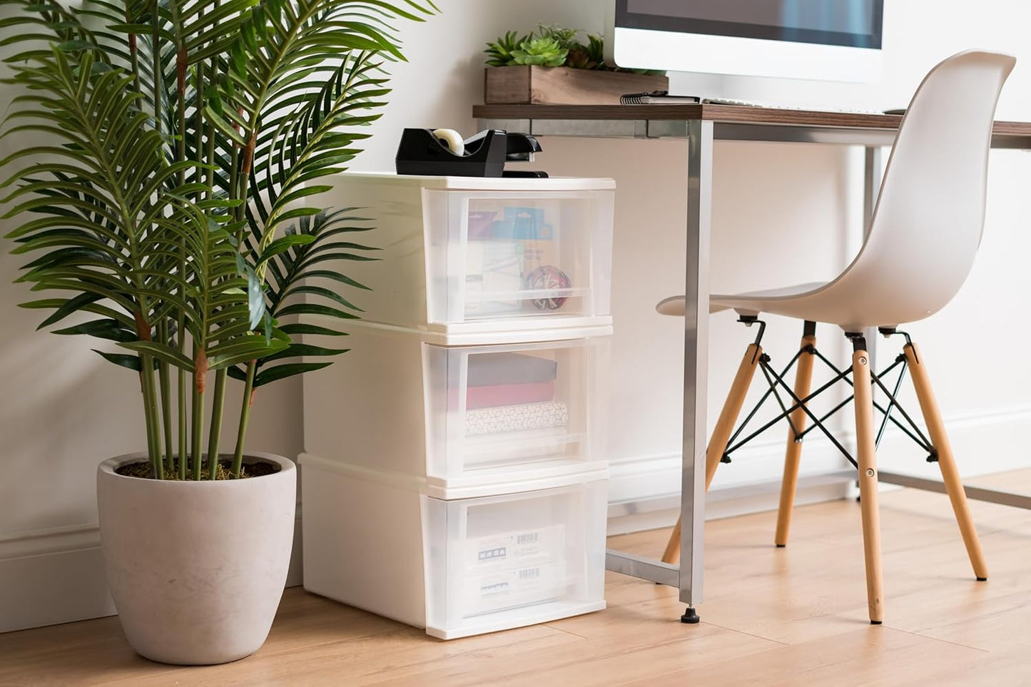 IRIS USA 17 Qt. Medium Plastic Stacking Drawer, Stackable Storage Organizer Unit with Sliding Drawer for Bedroom Kitchen Under Sink Pantry Craft Room Dorm Office, White, 4-Pack