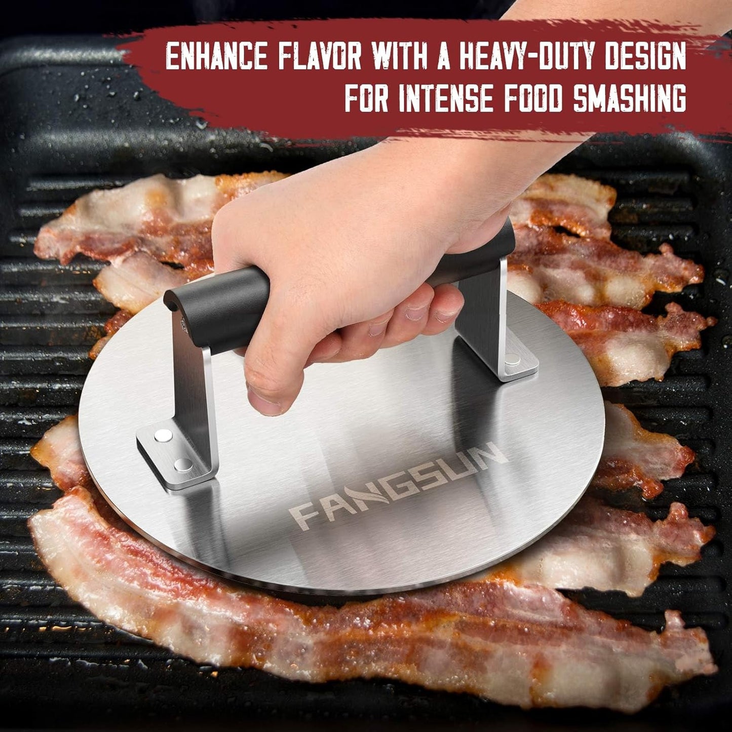FANGSUN Bacon Press for Griddle, Stainless Steel Grill Press, 8.5-Inch Heavy-Duty Burger Press with Heat-Resistant Handle, Non Stick Hamburger Press, Weight Burger Smasher for Meat, Steak, Panini