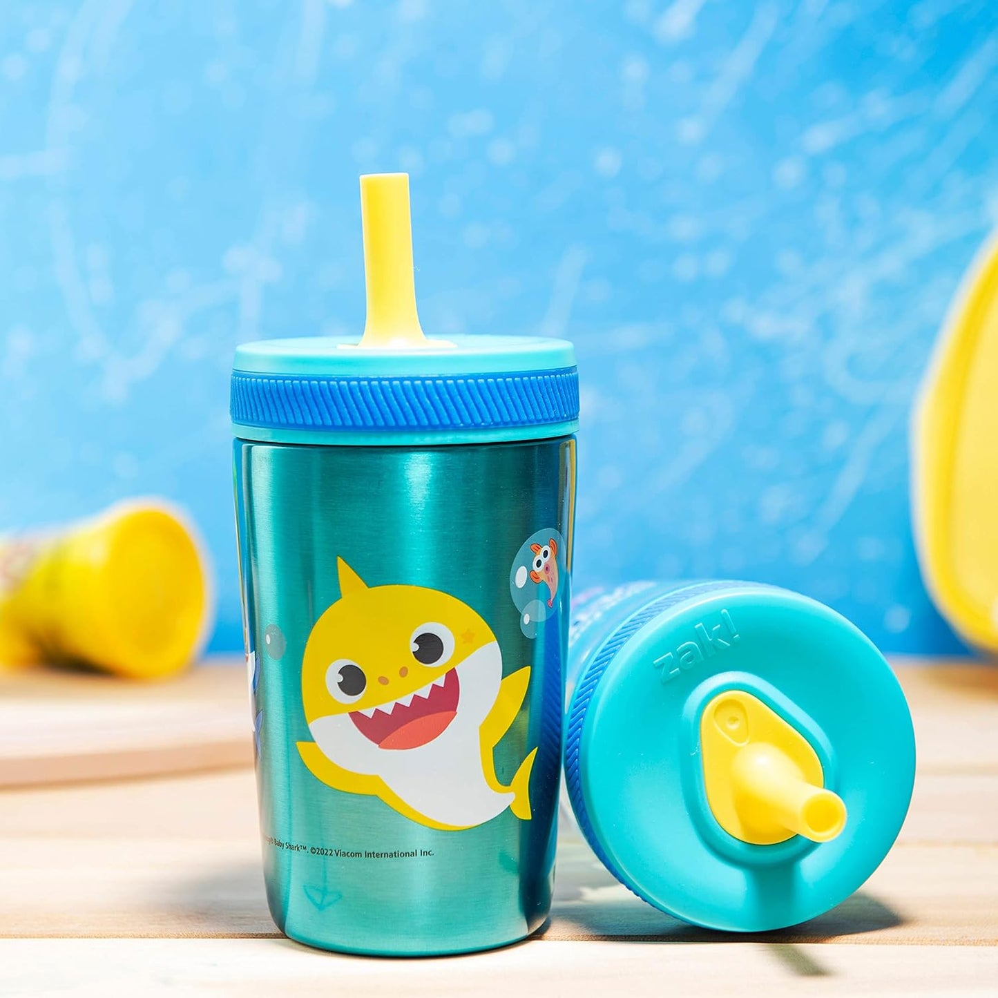 Zak Designs Baby Shark Kelso Tumbler Set, Leak-Proof Screw-On Lid with Straw, Bundle for Kids Includes Plastic and Stainless Steel Cups with Bonus Sipper (3pc Set, Non-BPA) (Pack of 12)