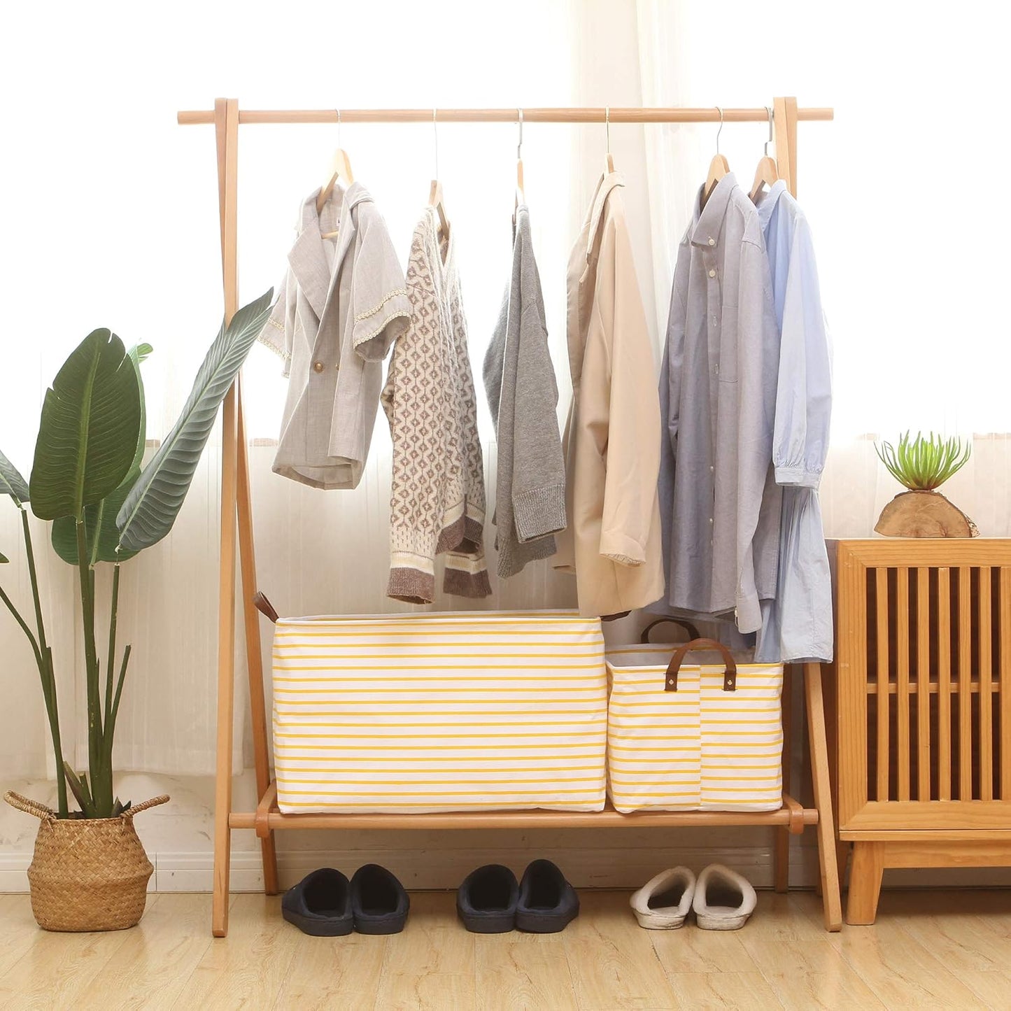 Hinwo 31L Large Storage Bins, Closet Organizers and Storage, Shelf Baskets, Foldable Clothes Storage Baskets with Handles, Containers for Clothing, Blanket, Towels, Toys, Bedding (Yellow Stripe)