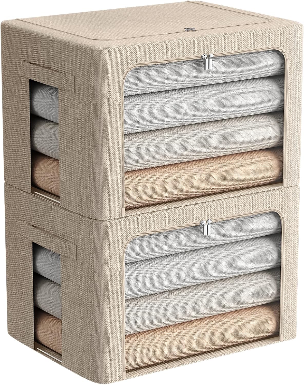 FHSQX 2 Pack Clear Window Storage Bins - Large Stackable Linen Fabric Storage for Clothes Foldable Container Organizer Set with Carrying Handles (Beige, 19.7x 15.7x 12.6 Inch)