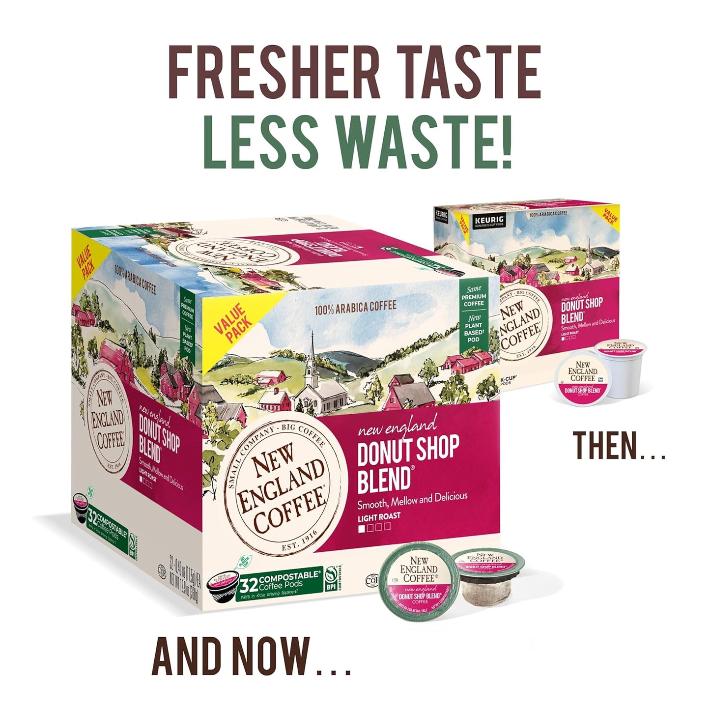 New England Coffee Donut Shop Blend Light Roast Single Serve Pods, 32ct Box (Pack of 4)