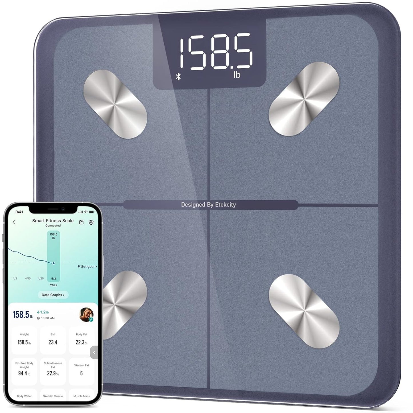 Etekcity Smart Scale for Body Weight and Fat Percentage, Digital Bathroom Accurate Weighing Machine for People's BMI Muscle, Bluetooth Electronic Body Composition Monitor Syncs with App, 400lb