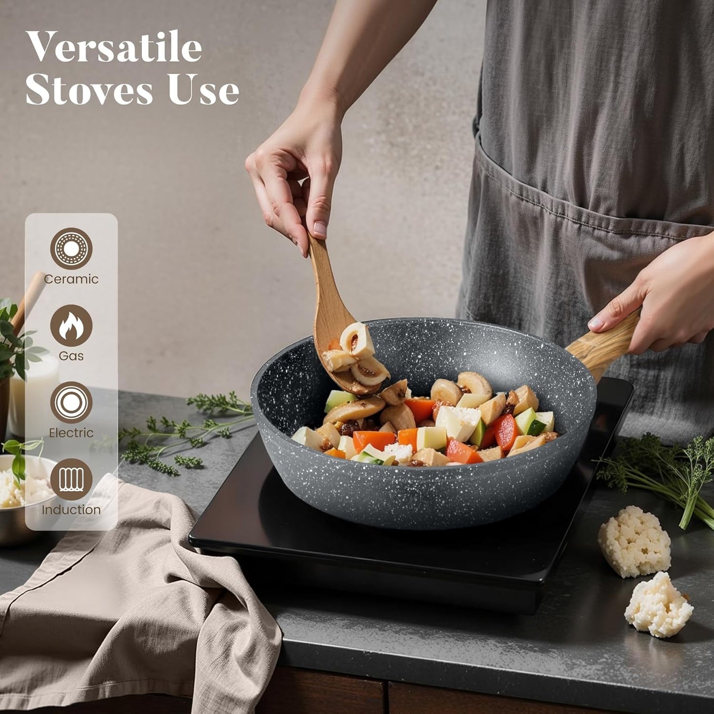 Kitchen Academy Induction Cookware Sets - 12 Piece Gray Cooking Pan Set, Granite Nonstick Pots and Pans Set