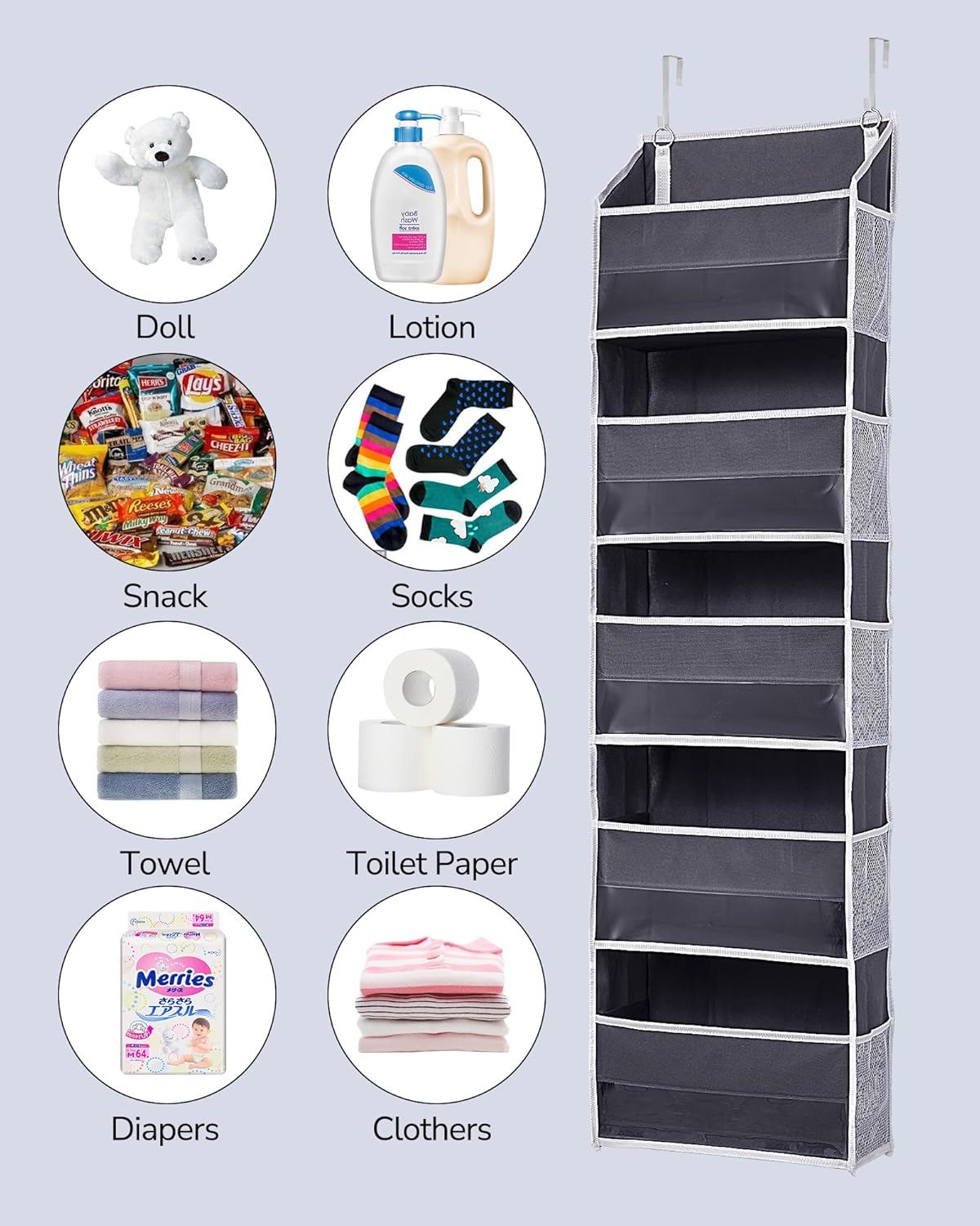 ULG 1 Pack Over Door Organizer with 5 Large Pockets 10 Mesh Side Pockets, 44 lbs Weight Capacity Hanging Storage Organizer with Clear Window Kids Toys, Shoes, Diapers, Dark Grey, 5 Layers