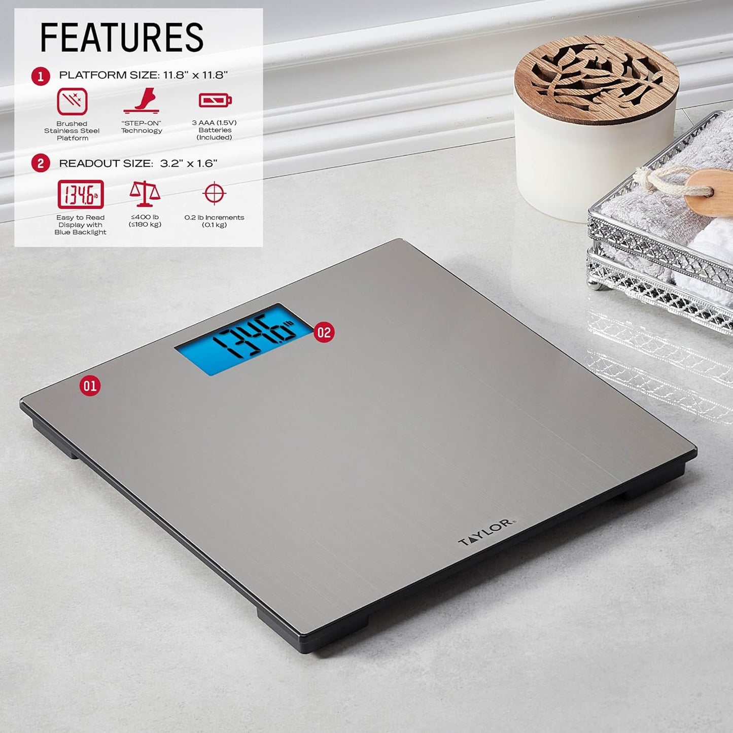 Taylor Digital Scales for Body Weight, High 400 LB Capacity, Brushed Stainless Steel Thin Glass Platform, Unique Blue LCD, Durable Platform, 11.8 x 11.8 Inches, Stainless Steel