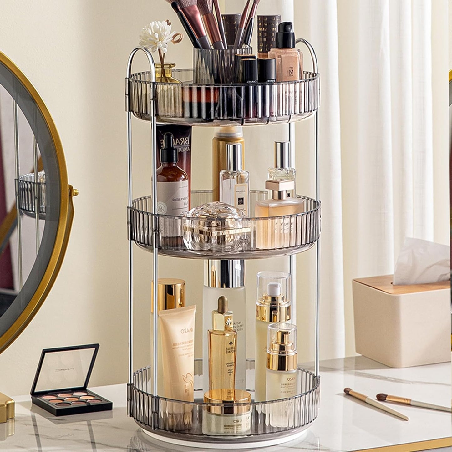 Aveniee 360° Rotating Makeup Organizer for Vanity, Upagraded Perfume Skincare Bathroom Counter Organizers with Brush Divider, 3 Tier Spinning Lipstick Cosmetic Lotion Storage,Grey