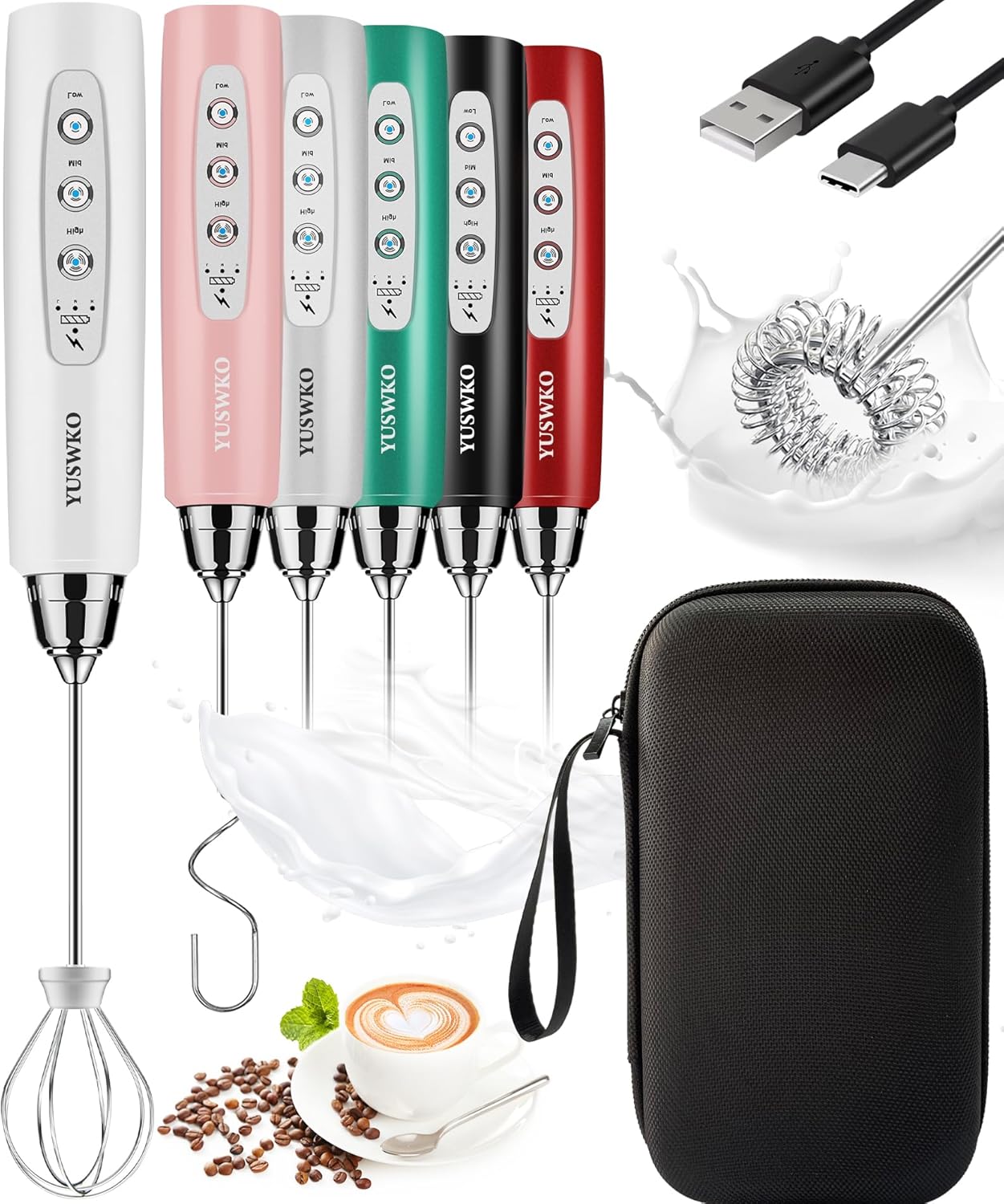 YUSWKO Rechargeable Milk Frother Handheld Frother Wand Drink Mixer for Coffee, Electric Whisk 3 Speed Adjustable, Coffee Foamer Maker with 3 Stainless Whisks Ideal Stirrers for Travel - White