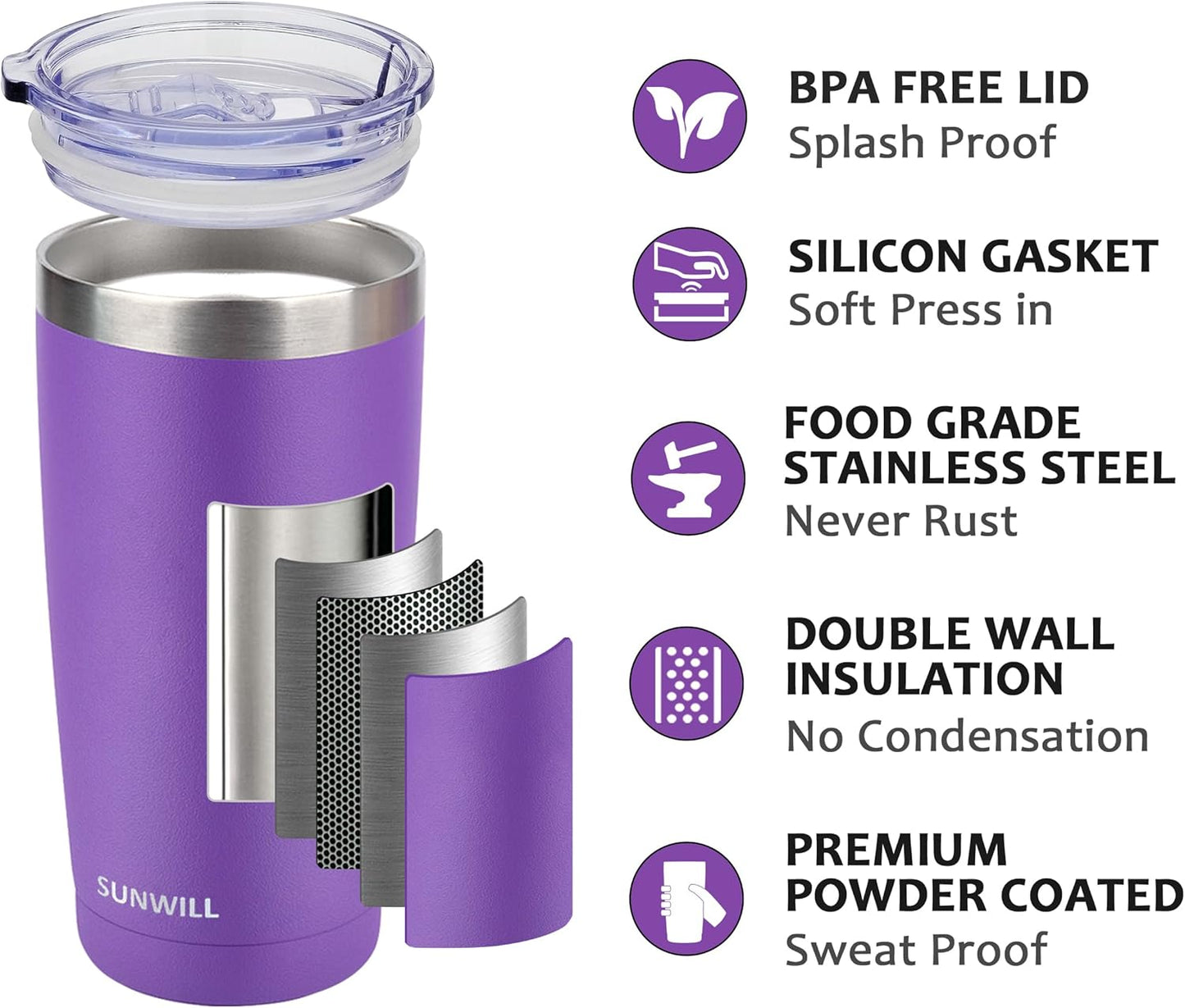 SUNWILL Travel Coffee Tumbler 20 oz, Insulated Mug with Lid, Stainless Steel Cup for Hot and Cold Drinks, Powder Coated Purple