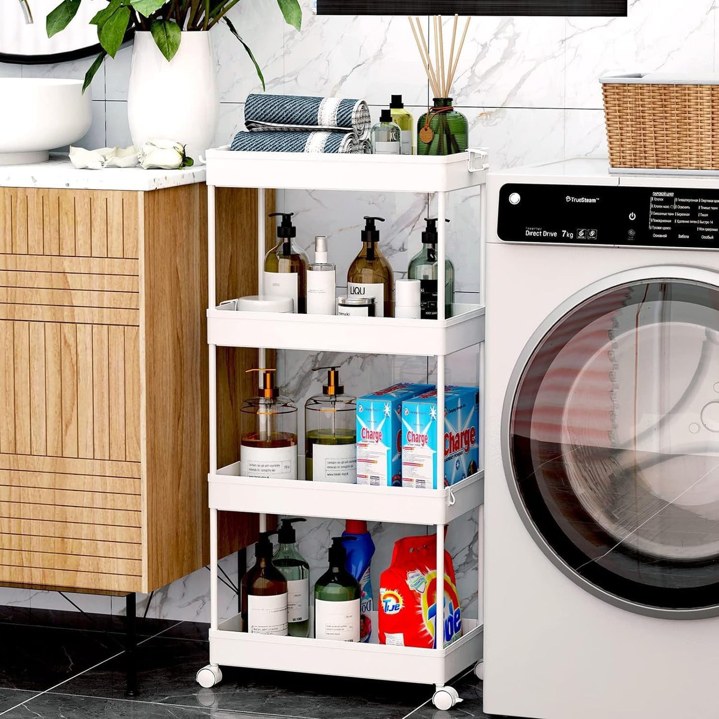 SPACEKEEPER Storage Cart, 4-Tier Mobile Shelving Unit, Bathroom Rolling Cart Utility Storage Organizer Shelf for Kitchen Living Room Bathroom Laundry Room & Dressers, White