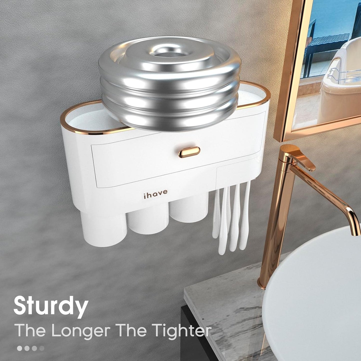 iHave Toothbrush Holders for Bathrooms - Upgrade Wall Mounted Toothbrush Holder with Toothpaste Dispenser - 3 Cups