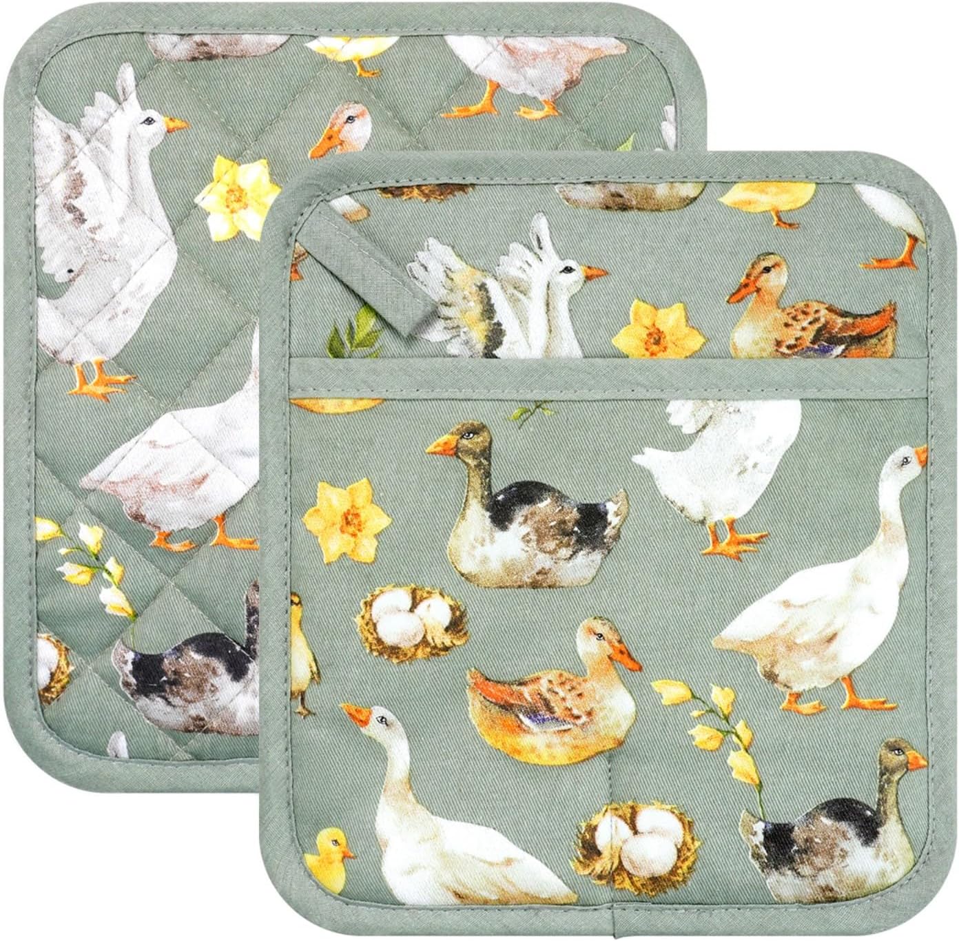 Pot Holders Set of 2 Heat Resistant 480℉ Kitchen 100% Cotton Comfortable Lining Printing Teal Flower Women Men Home Cooking Baking Microwave BBQ Gift (Teal potholders)