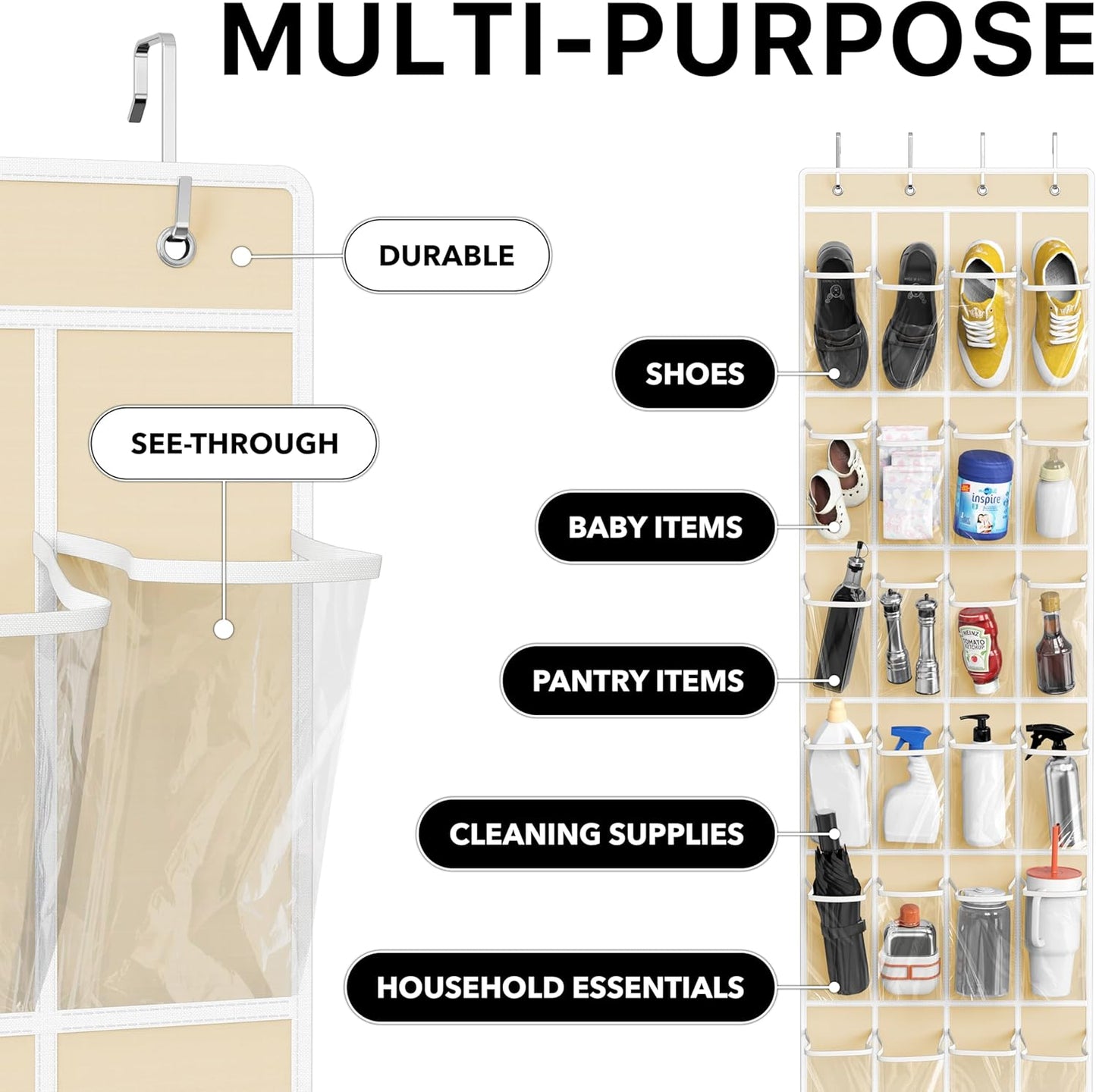 Simple Houseware 24 Pockets - Crystal Clear Over The Door Hanging Shoe Organizer, Beige (64'' x 19'')