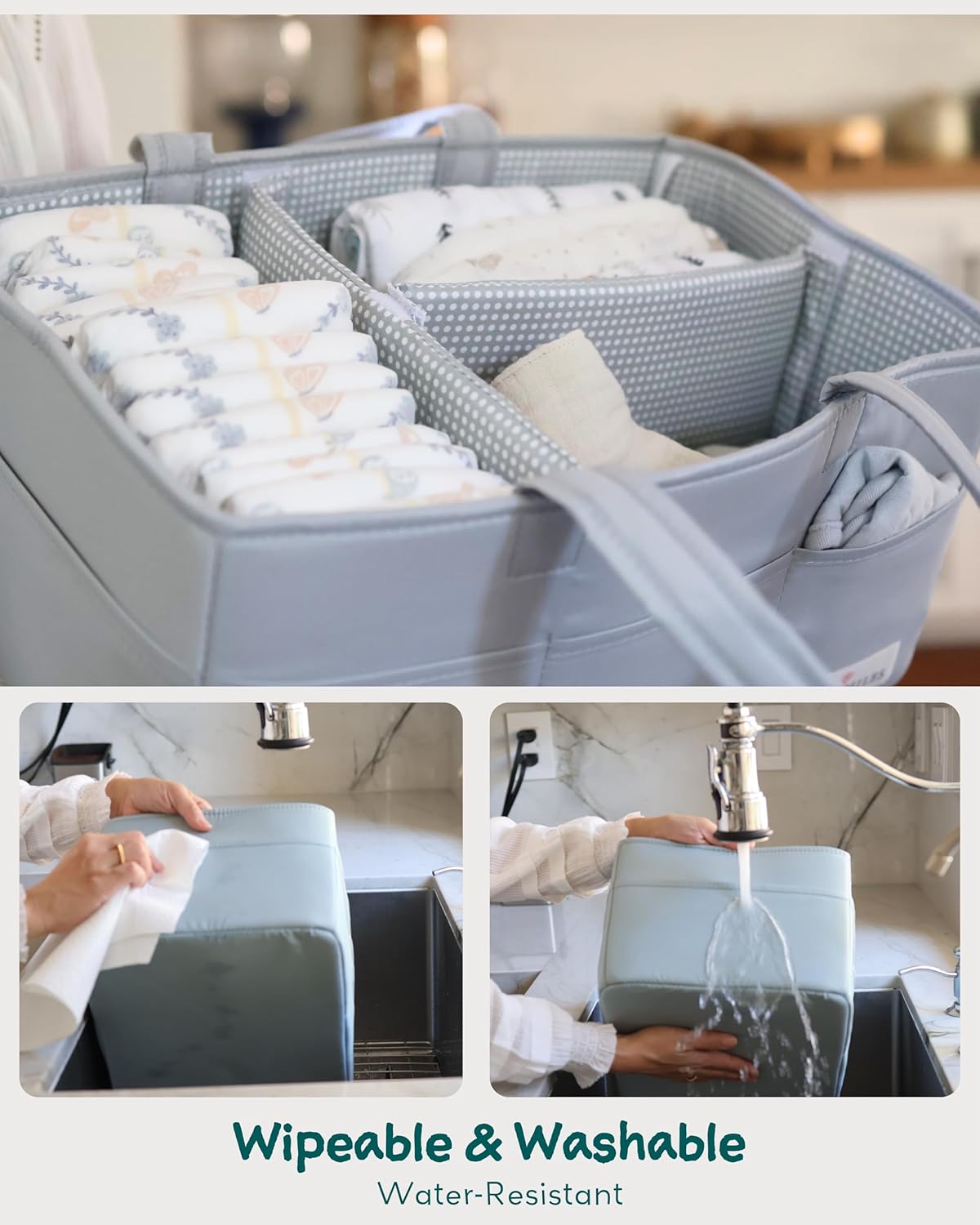 Lily Miles Diaper Caddy Organizer with 8 Pockets, Wipeable Baby Caddy Basket for Diapers and Wipes, Baby Registry Favorites, Nursery Tote Bag for Changing Table or Car (Heather Grey, Large)