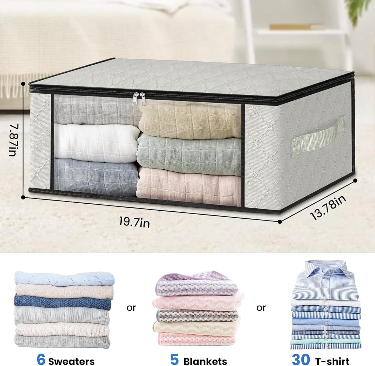 HomeHacks Storage 6-Pack Clothes Organizer Storage Bags Foldable Storage Box with Large Clear Window Sturdy Handles for Closet, Dorm, Pillows, Bedding, Clothes, Blankets, 35L, Ivory