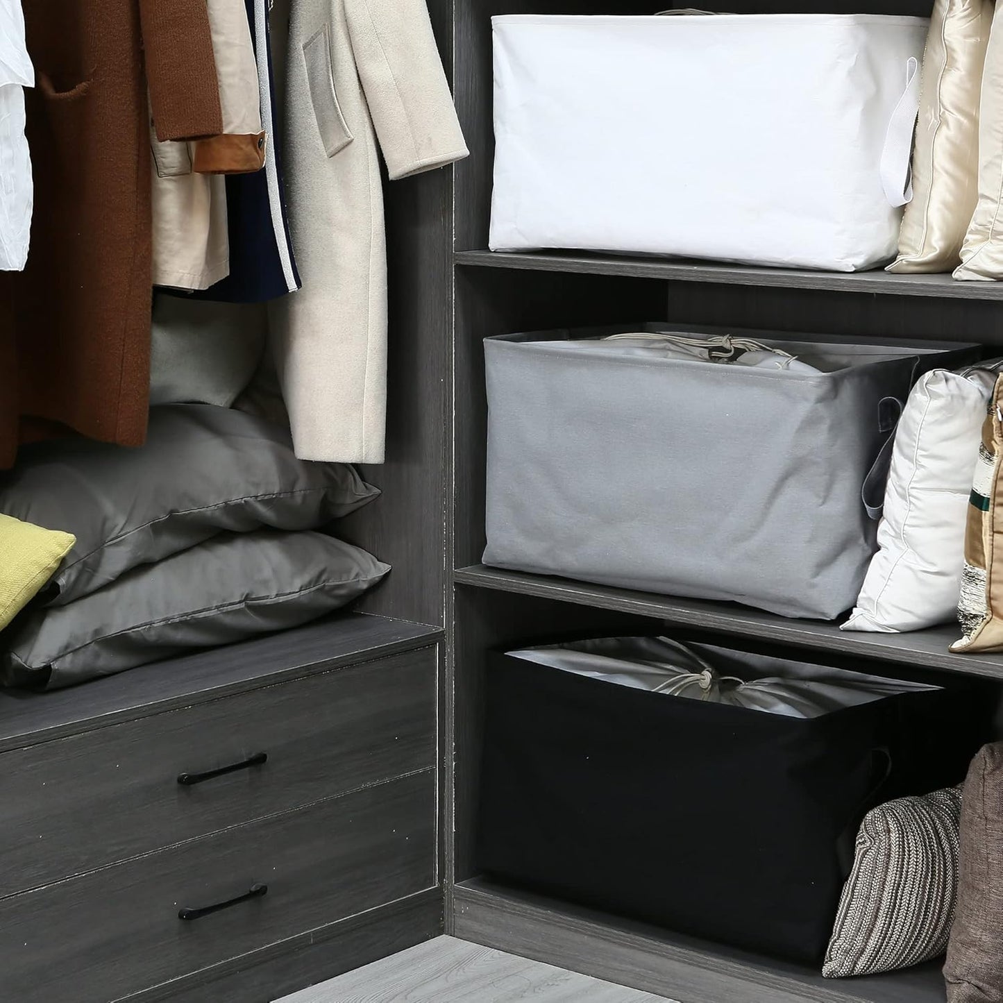 Hinwo 102L XXL Storage Bins, 2-Pack Closet Organizers and Storage, Foldable Clothes Storage Baskets with Handles, Containers for Clothing, Blanket, Comforters, Toys, Bedding (White)