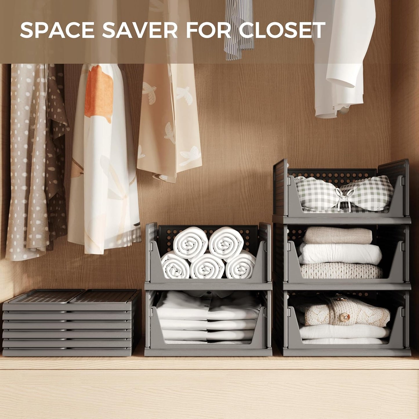 Pinkpum 6 Pack Closet Organizers Storage Box, Stackable Plastic Drawer Basket for Clothing, Stackable Storage Bins Shelf Storage Container for Closet Wardrobe Bedroom Bathroom Office Black